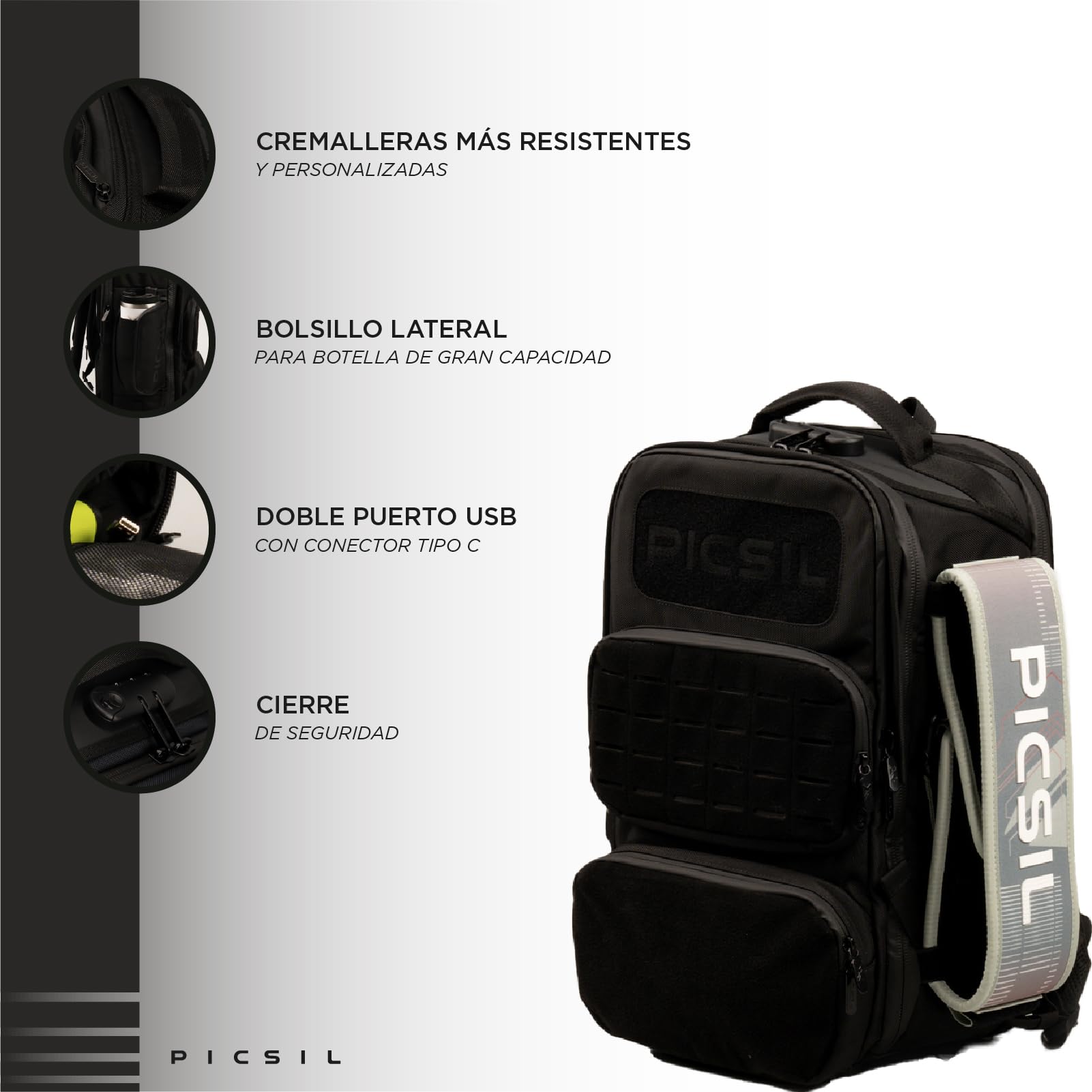 PICSIL Maverick, Mochila Táctica, Múltiples bolsillos - 40L, Moonless | Impermeable y resistente. Backpack con bolsillo térmico, puerto USB y compartimientos intelligentes. Para viaje o deporte.