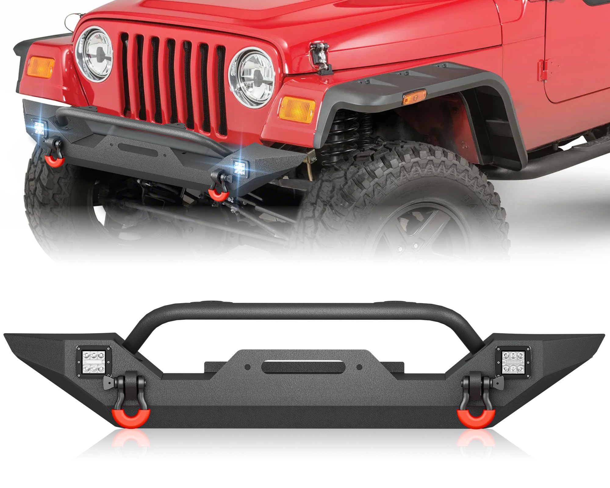 for Wrangler TJ LJ YJ Front Bumper Compatible with 1987-2006 Jeep Wrangler TJ LJ YJ Off-Road Bumper (2/4 Doors) with Winch Plate, LED Lights, Bull Bar, License Plate Bracket & D-rings, Black