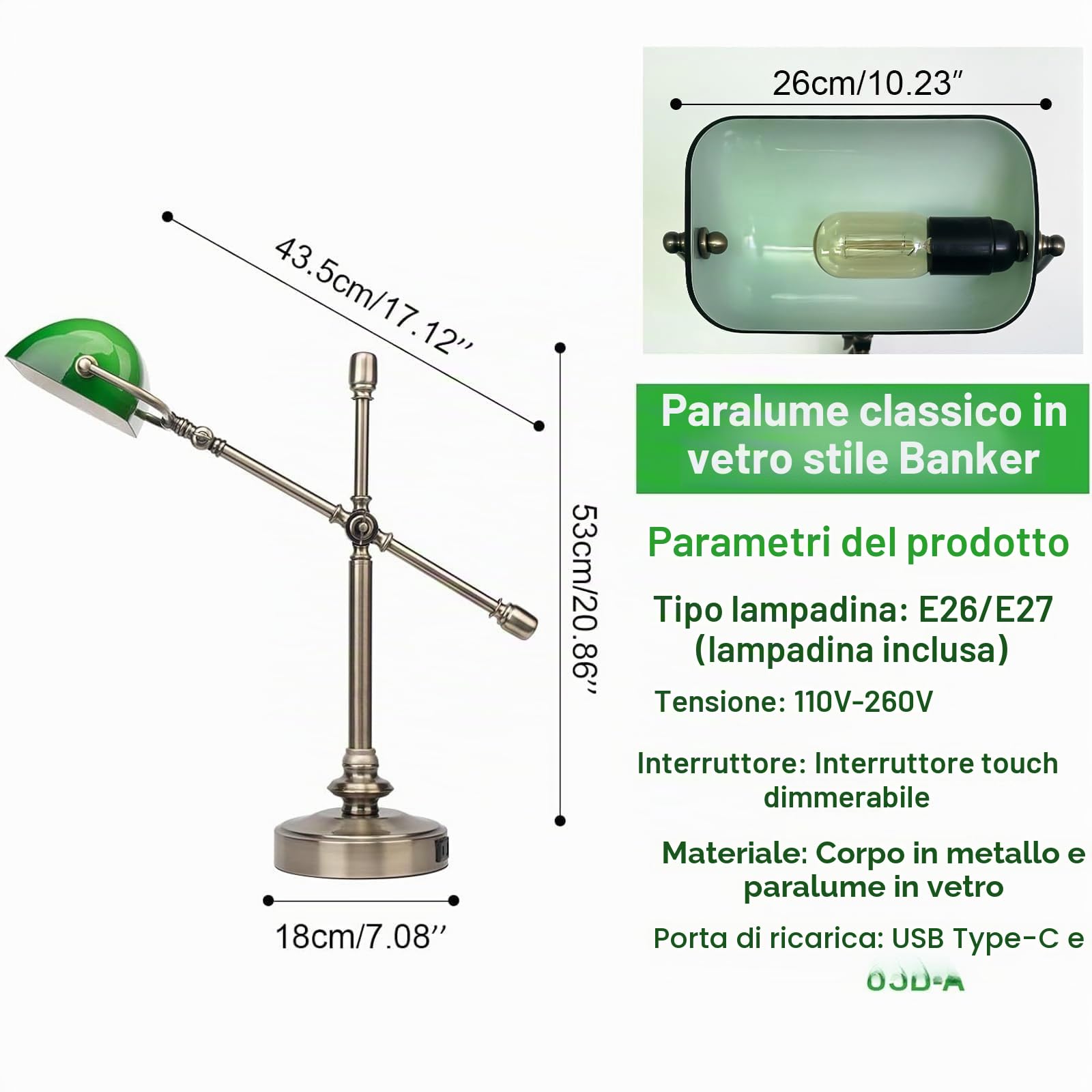 FIRVRE Lampada da banchiere verde, dimmerabile, vintage, LED da scrivania con funzione di ricarica, lampada da tavolo touch, dimmerabile, e27, per studio, casa, ufficio, soggiorno, camera da letto