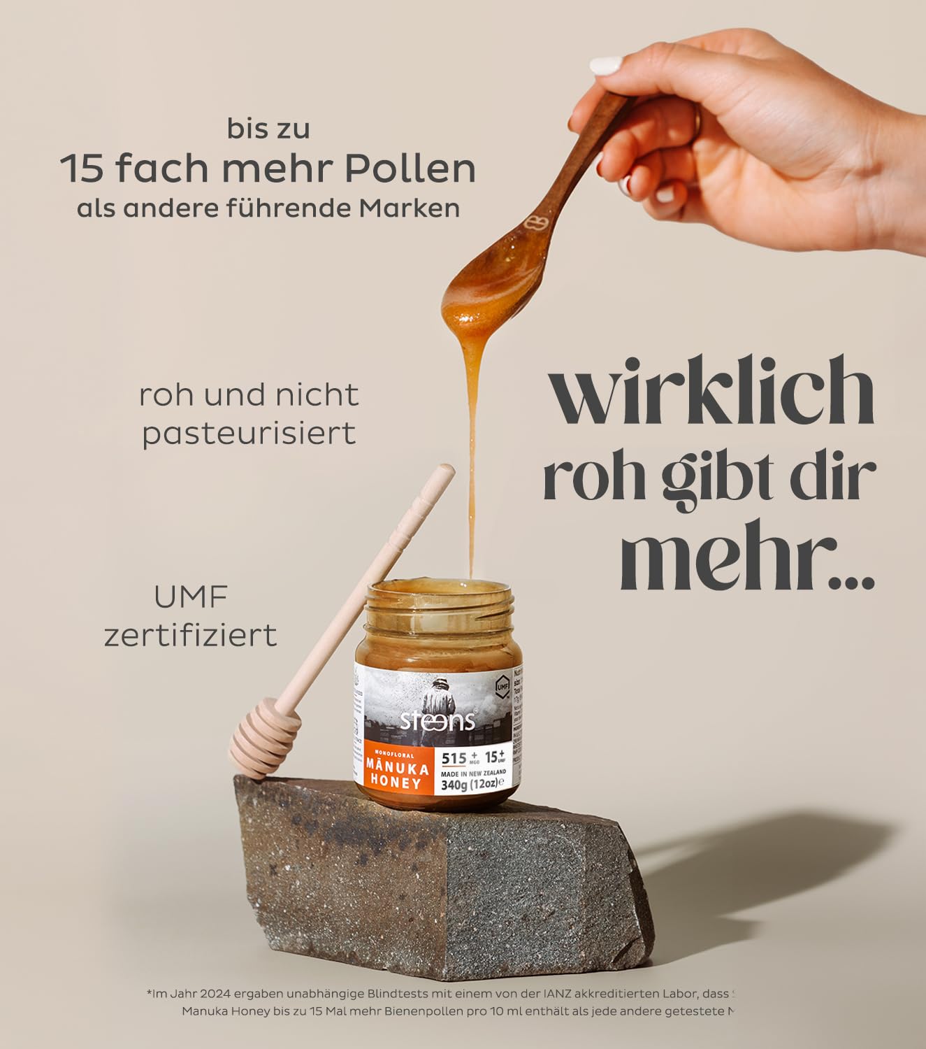 Steens Manuka Honey MGO 515+ UMF 15+ 340 g roher zertifizierter Honig aus Neuseeland