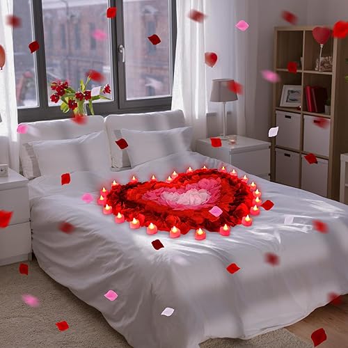 Miniatura 6 de VIHOSE 4000 pétalos de rosa artificiales con 24 velas LED de té, velas LED sin llama, pétalos de rosa falsos para noche de San Valentín (luz roja,