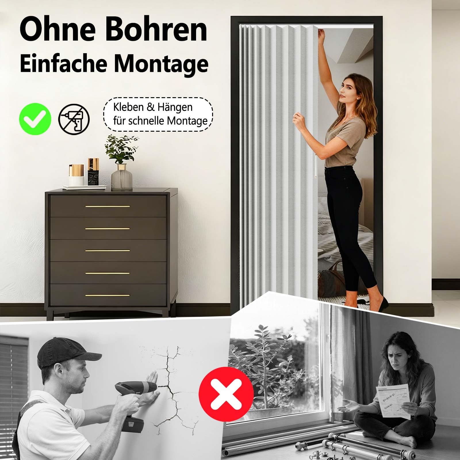 Jilron 100% Blickdichter Türvorhang – Faltbarer Akordion-Stil mit Magnetverschluss, Klebemontage ohne Bohren, inkl. Klebeschiene, Verdunkelung & Windschutz,Weiß, H201 x B106 cm