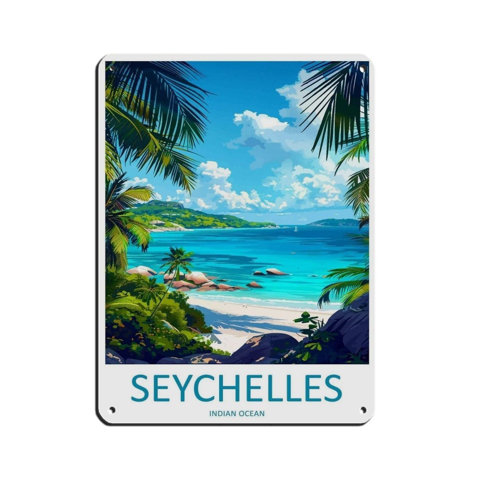 Seychelles Travel Art Seychelles Indian Ocean Retro Poster Metal Tin Sign Chic Art Retro Iron Painting Bar People Cave Cafe Family Garage Poster Wall Decoration 12x16inch(30x40cm)
