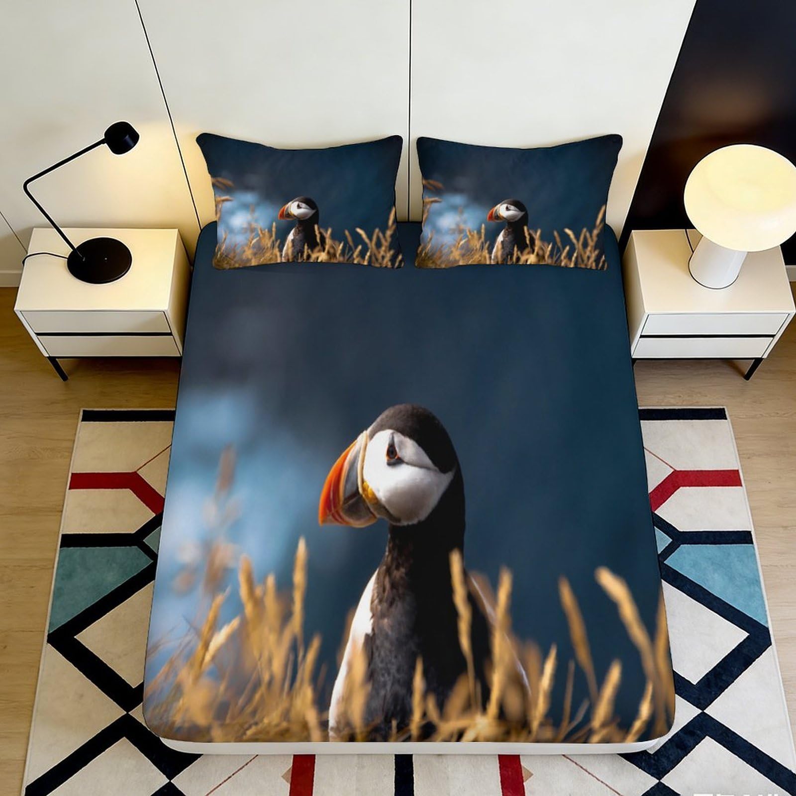 3D Printed Puffin Meadow Fitted Sheet Microfiber Anti-Slip Blue Bird Mattress Cover Washable Bedroom Decor 90x200x25cm