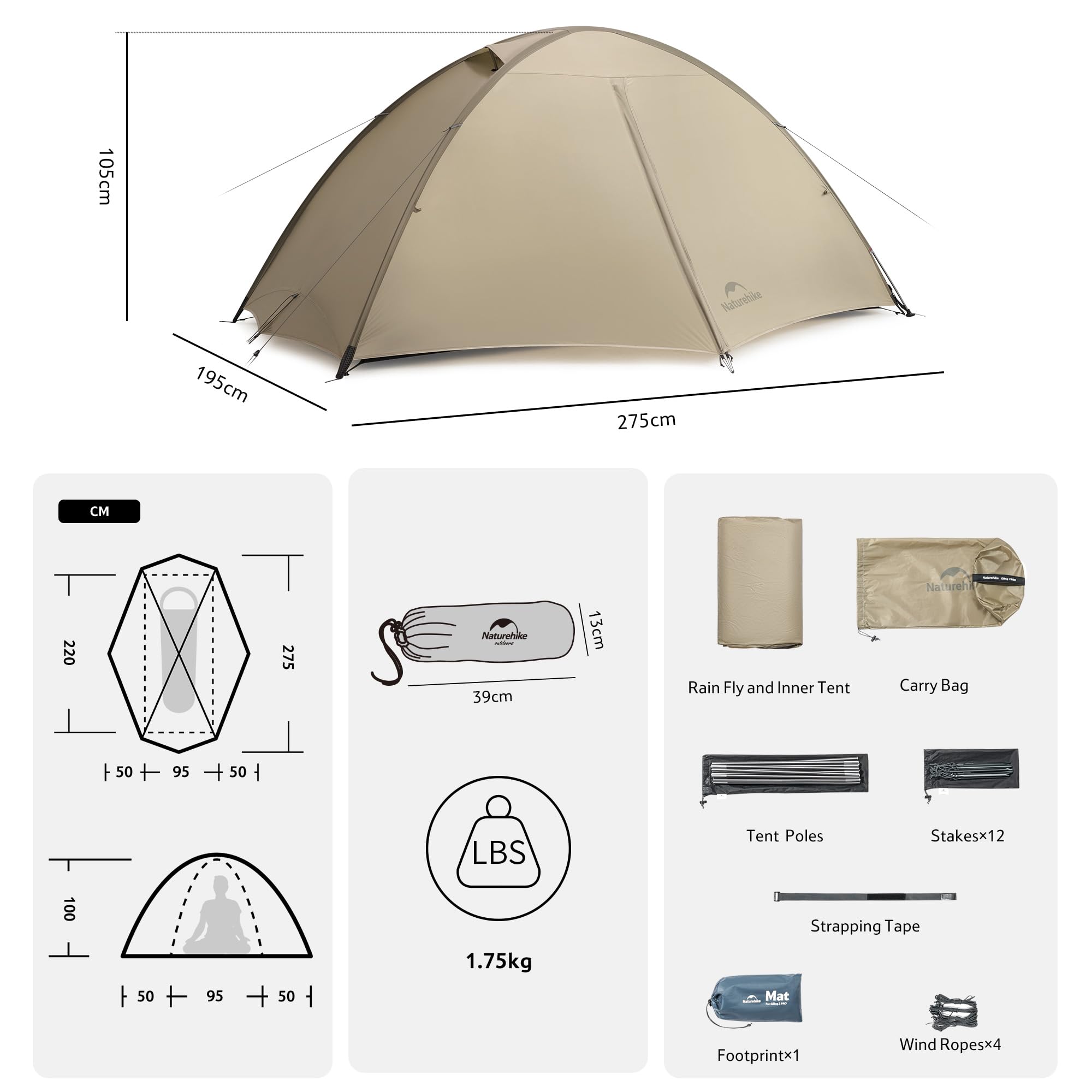 Naturehike Giling Pro/UL Tenda a Cupola 1-2 Persone 4 Stagioni Ultraleggera Impermeabile per Backpacking