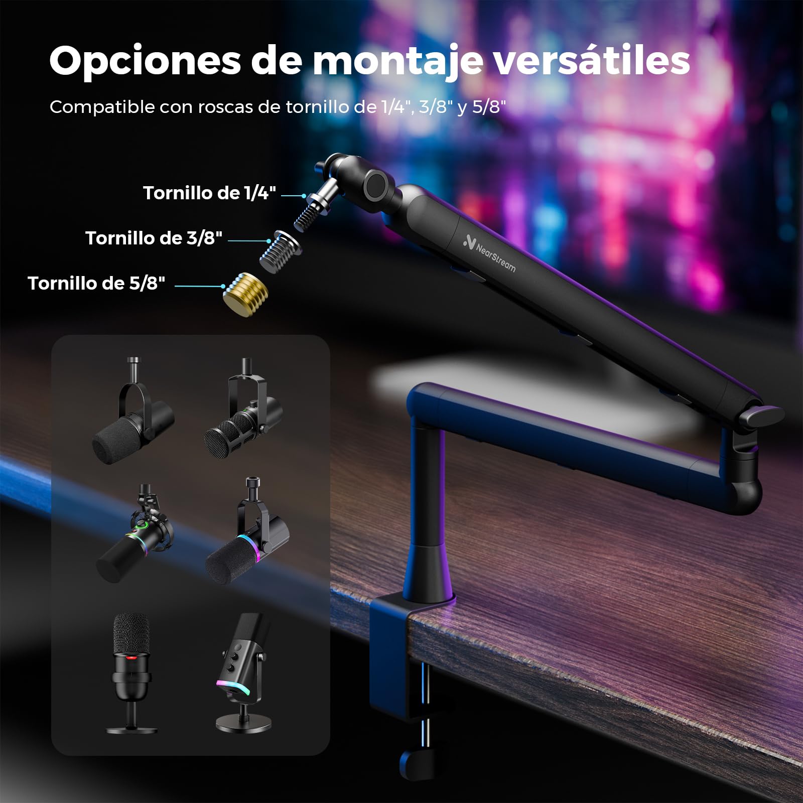 NearStream Soporte Micrófono con 3 Adaptadores (1/4", 3/8", 5/8"), Brazo Ajustable con Gestión de Cables, Elevador 4,5", Fijación Mesa para Podcast/Streaming/Juegos/Oficina (ST20)