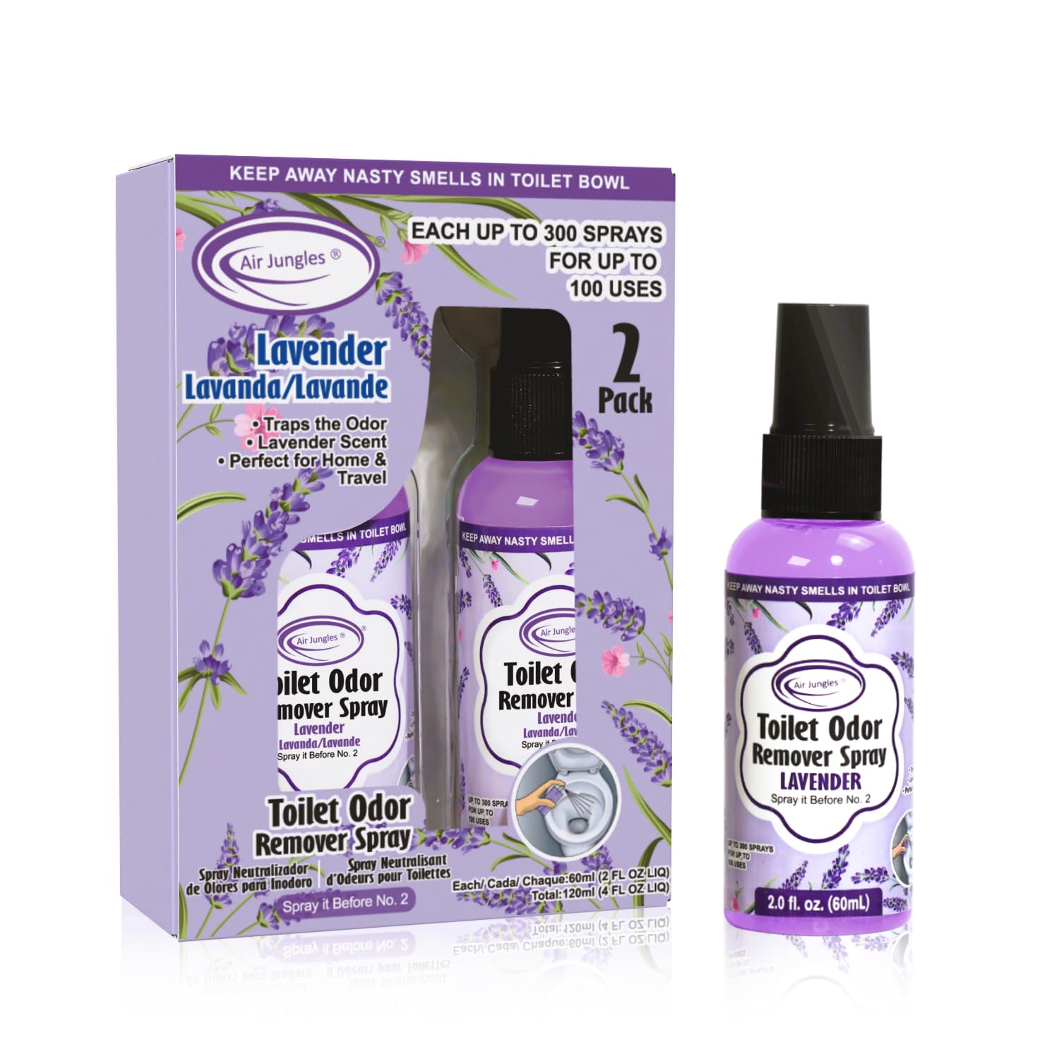 Air Jungles Toilet Poop Spray 2 Fl Oz (2 Count), Lavender Scent Oder Eliminator Spray Before No.2, Up to 100 Uses Per Bottle, For Bathroom, Home, Travel, Office and School