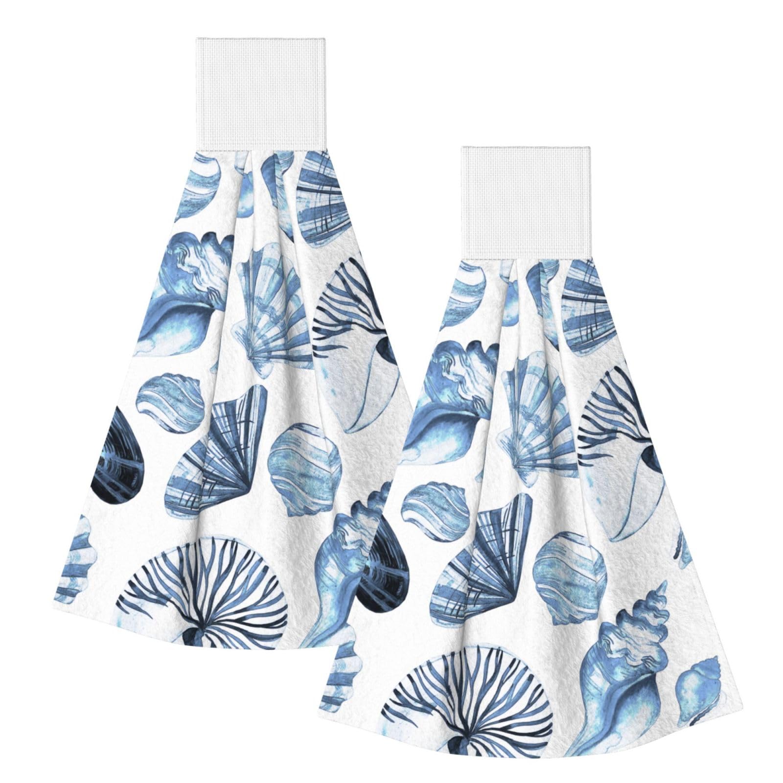 DOPKLNA Blue Seashells Pattern On White, 2 Pcs Hanging Coral Fiber Hand Towels for Bathroom, Absorbent Kitchen Towels