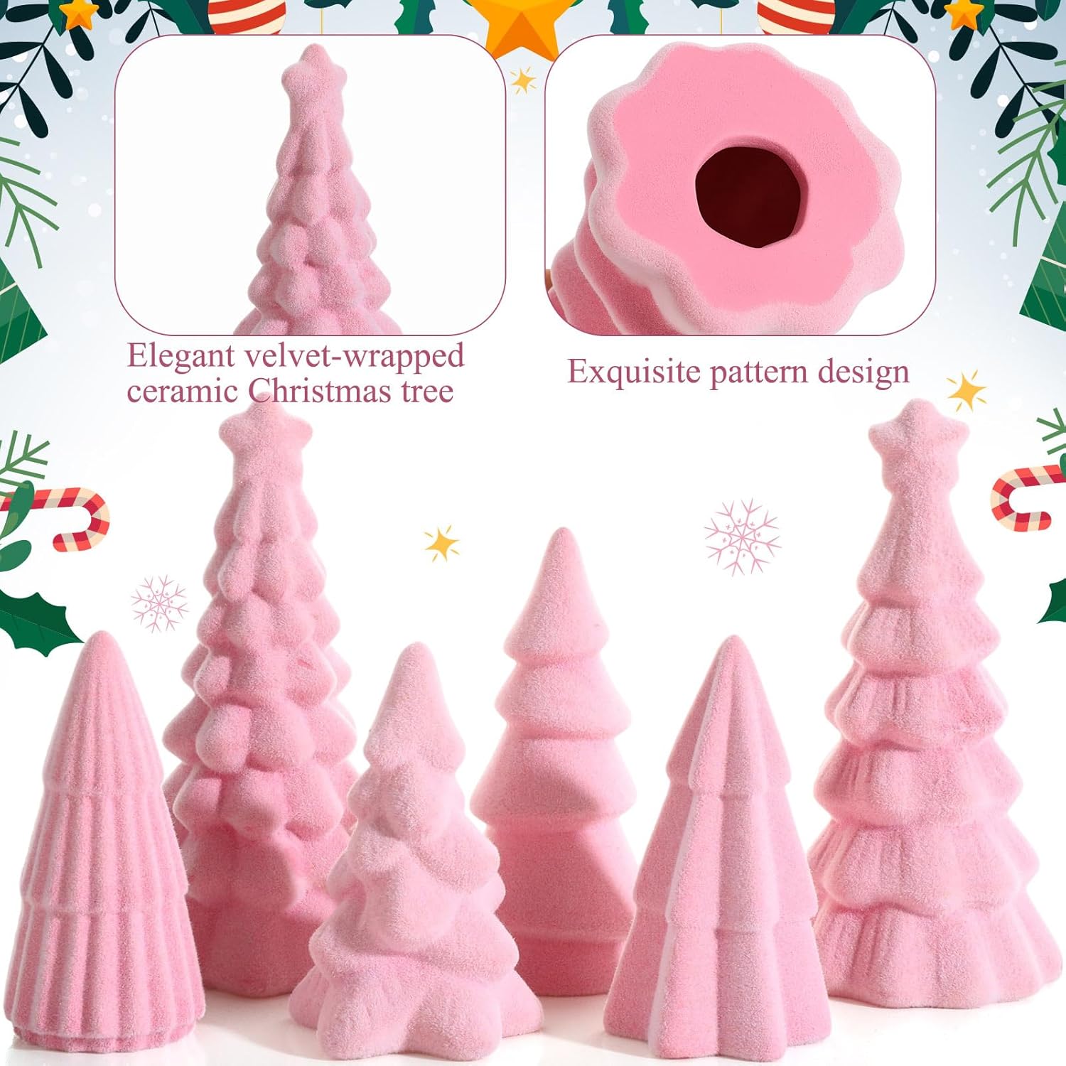 Bucherry 6 Pcs Christmas Ceramics Velvet Trees Set Christmas Table Decorations 3 Sizes Velvet Xmas Tree for Winter Holiday Table Centerpiece Decorations Mantel Decor Xmas Gifts(Pink) - Image 3