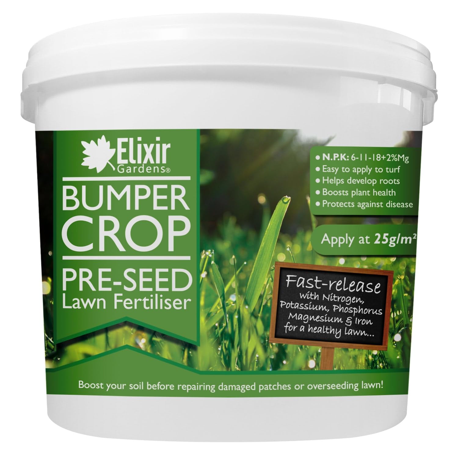 Elixir Gardens Bumper Crop Pre-Seed Lawn/Turf Fertiliser | Grass Seed Starter & Soil Prep for Overseeding & Patch Repair with Magnesium & Iron | N.P.K: 6-11-18 + 2% Mg + 0.6% Fe | 3kg Tub