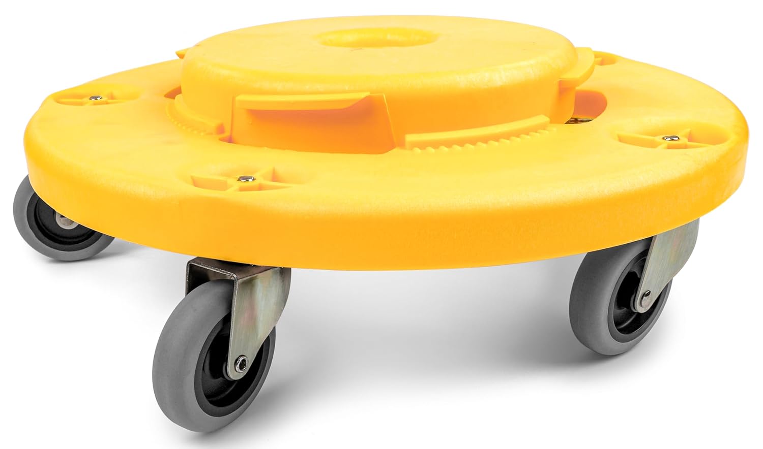 MaxWorks 18‑Inch Trash Can Dolly with 5 Swivel Casters High‑Visibility Yellow Rolling Base with Multi Size Compatibility for 20 to 55 Gallon Containers 250 lb Capacity Twist‑Lock Design (50933)