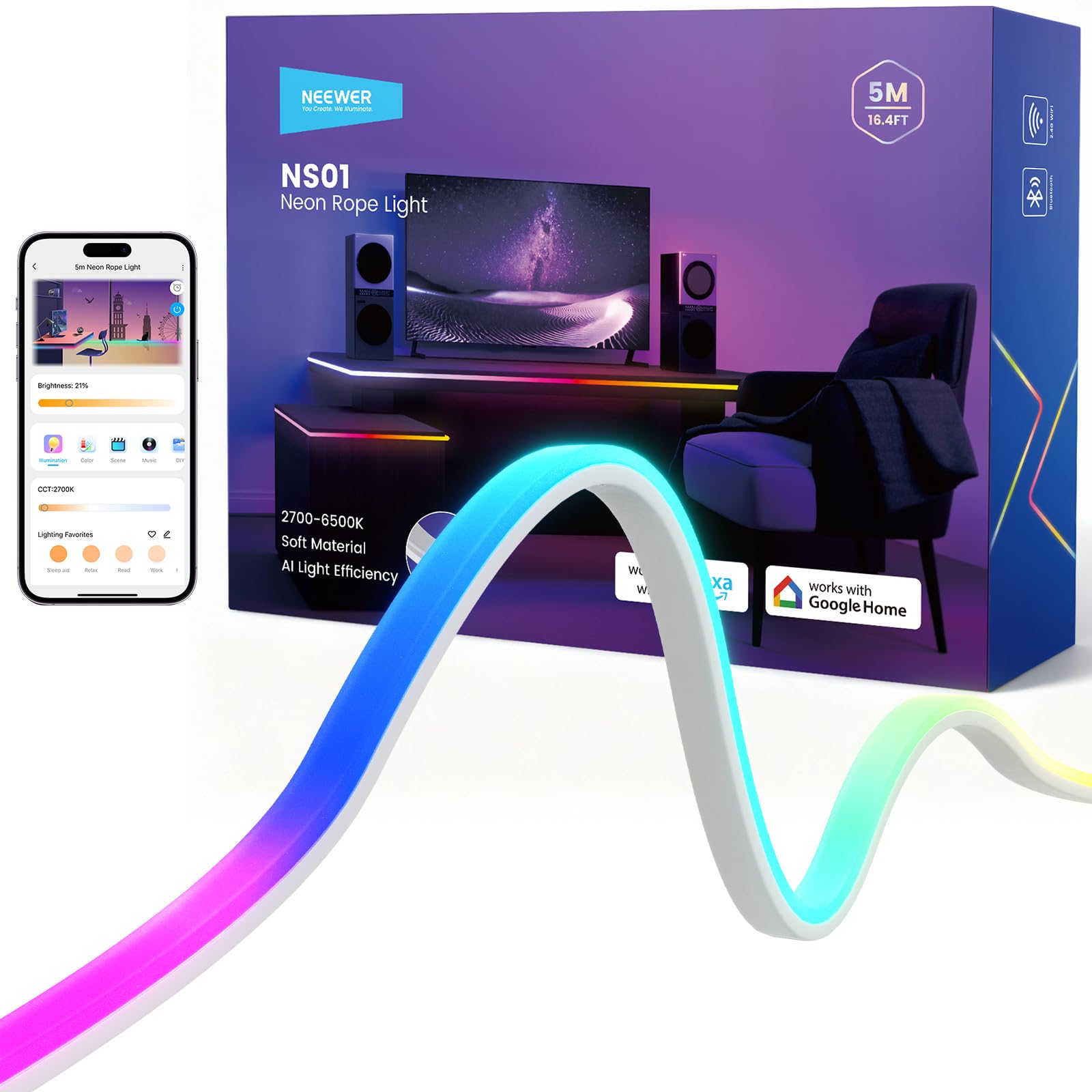 NEEWER 16,4ft/5m LED Streifen, Frontbeleuchtung, smarte KI App Steuerung, RGB IC, kürzbare Neon Lichterkette mit Farbwechsel für die Schlafzimmerwanddekoration, kompatibel mit Google und Alexa, NS01