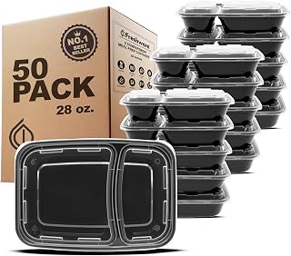 Freshware 50-Pack 2-Compartment Meal Prep Containers 28oz Bento Boxes - BPA-Free, Stackable, Microwave Dishwasher Freezer Safe