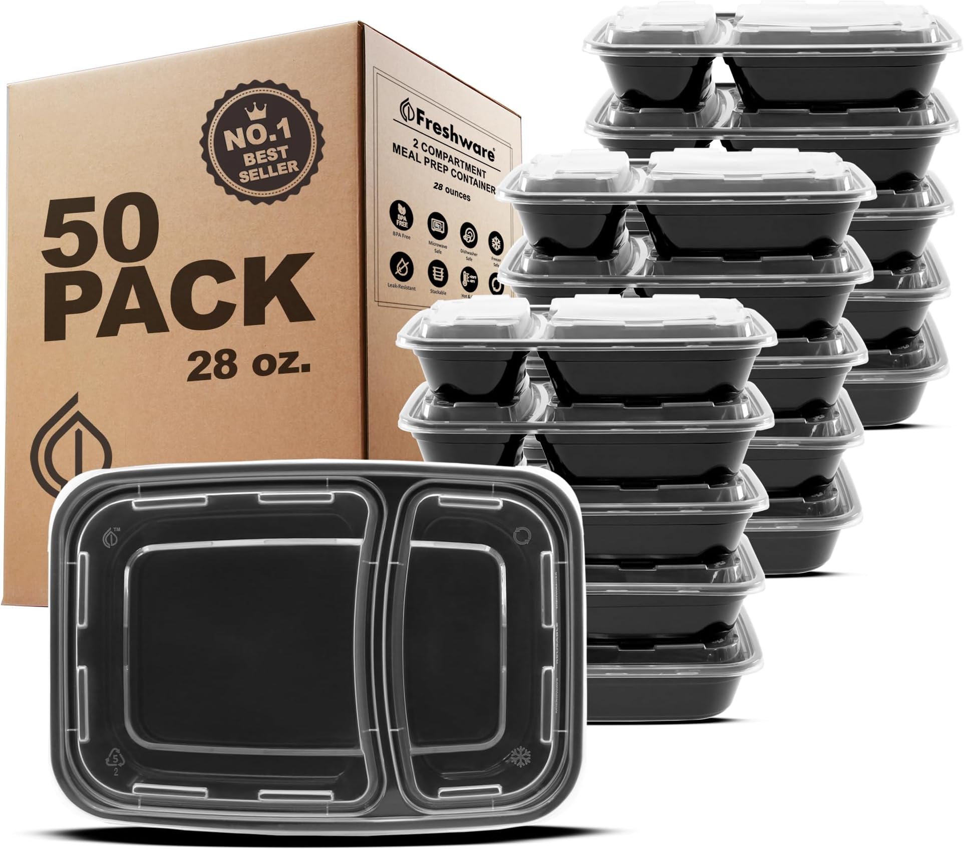 Meal Prep Containers [50 Count ] 2 Compartment with Lids, Food Storage Containers, Bento Box, BPA Free, Stackable, Microwave/Dishwasher/Freezer Safe (28 oz)
