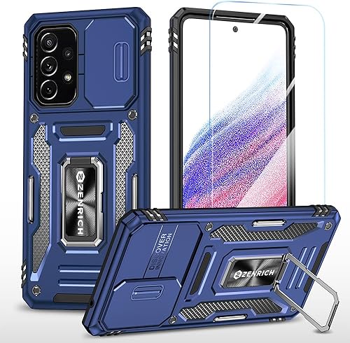 ZenRich Funda resistente para Samsung Galaxy A52 5G con protector de pantalla de vidrio templado, funda deslizante para cámara y función atril,