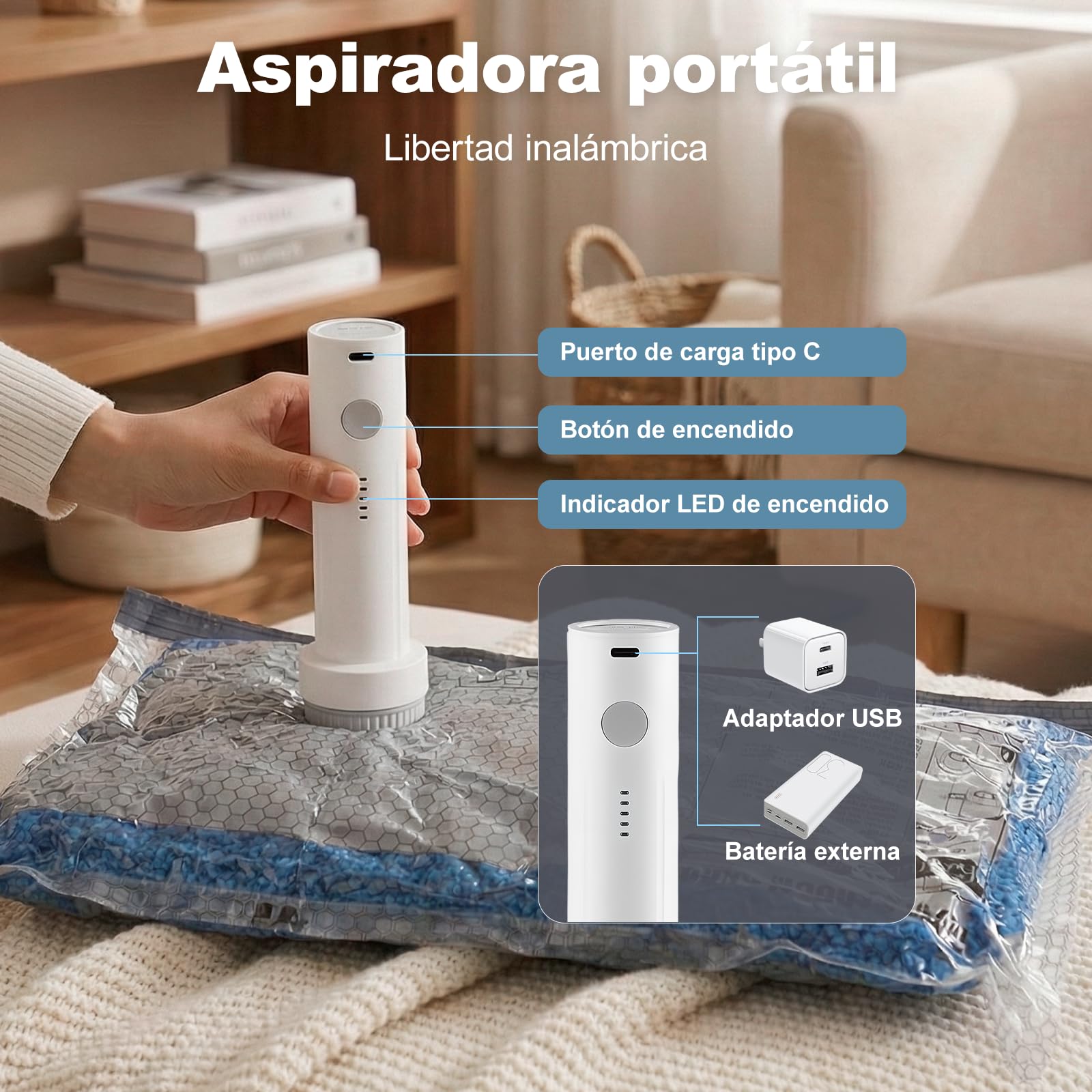 Bolsas Almacenaje Ropa al Vacío 6 Piezas con Bomba Eléctrica Inalámbrica 2*S(40x50cm)+2*M(40x60cm)+2*L(50x60cm), Carehabi Bolsas para Guardar Ropa para Viajes, Carga USB-C para Maletas y Armario