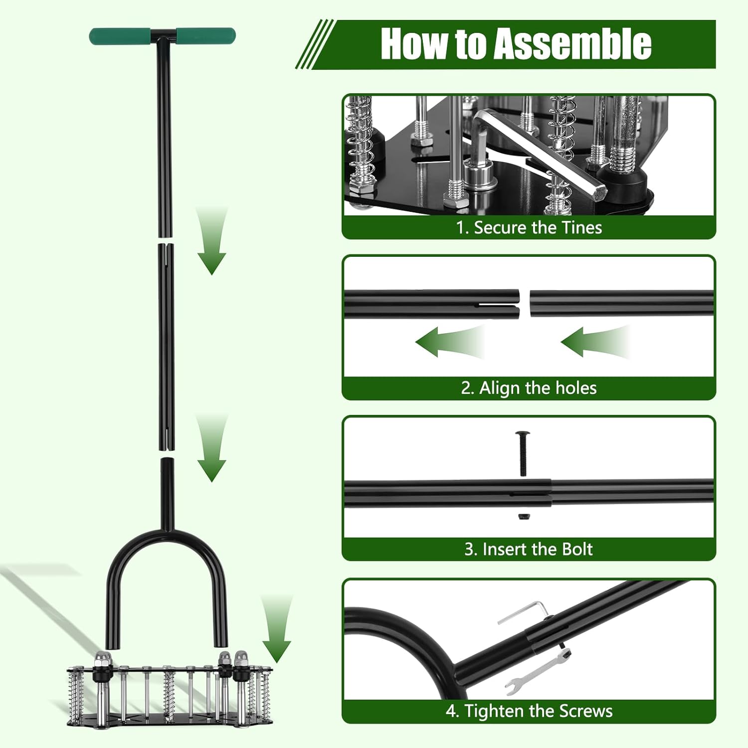Adjustable Lawn Aerator Tool with Rebound Spring – 16 Sharp Metal Spikes Soil Aerator with Ergonomic T-Handle & Wide Foot Plate, Heavy Duty Yard Lawn Aerator for Garden Lawn Care