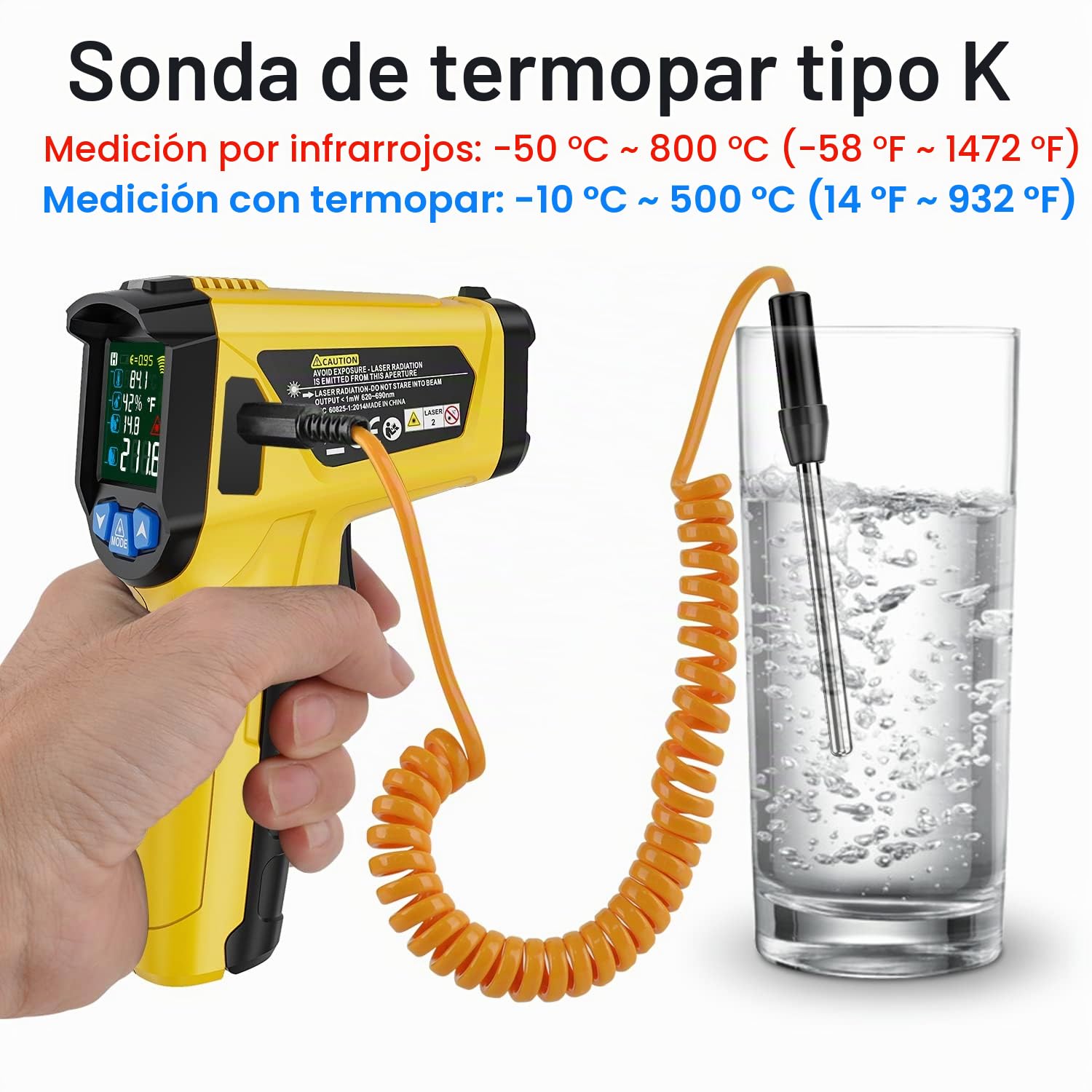 Termómetro Infrarrojo MESTEK -50°C~800°C Pistola Temperatura Laser Sin Contacto Pantalla LCD Color Ajuste Emisividad