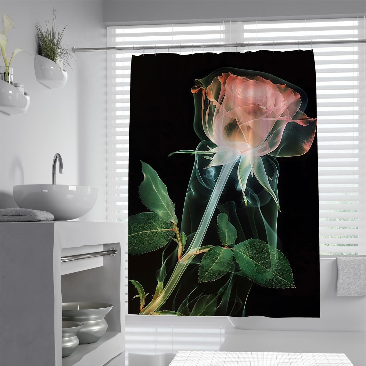 UIRINGART Abstract Translucent Pink Rose Flower Shower Curtain W90xL180cm 3D Floral Botanical Fabric Polyester Anti Mould Washable Bathroom Screen Rustproof Grommets