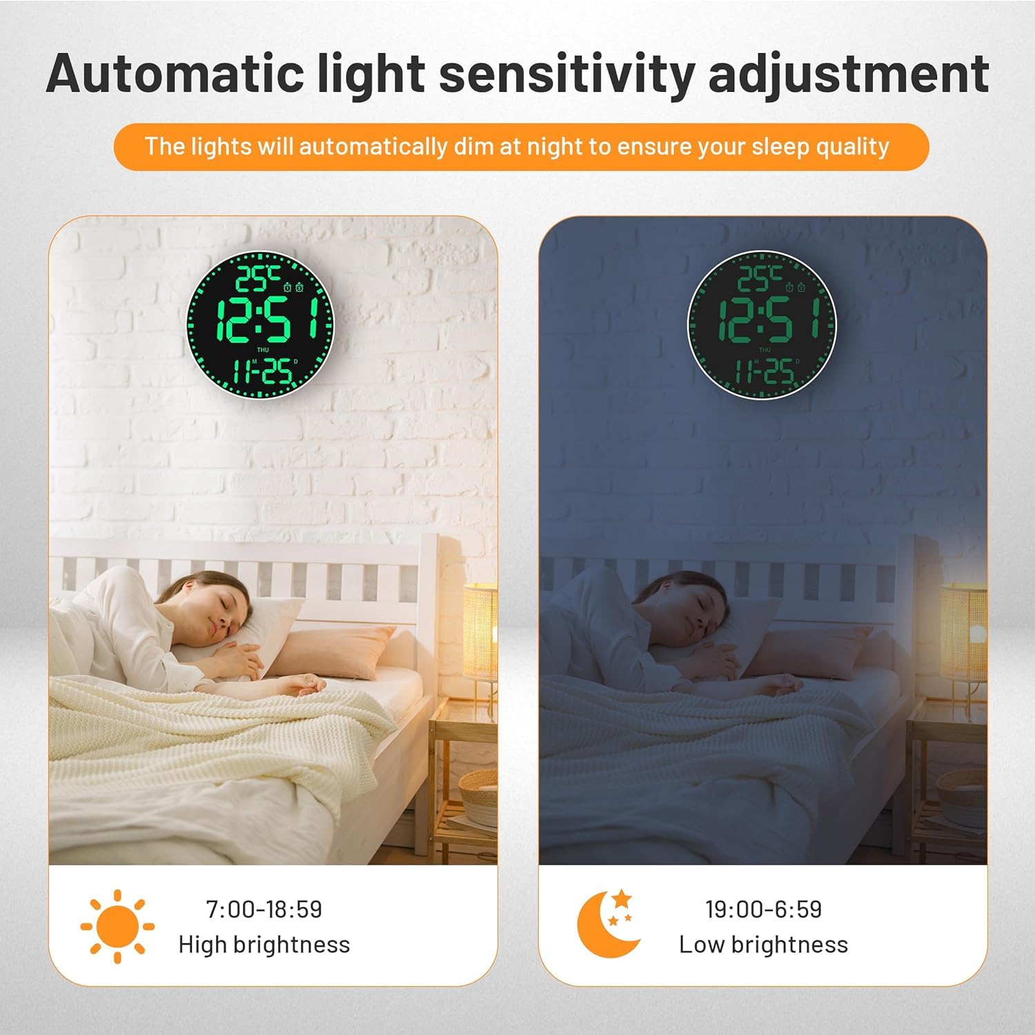 Elecbee Horloge murale numérique de 30,5 cm – Grand écran LED avec rétroéclairage RVB à distance – Réveil calendrier et température (interrupteur C/F), luminosité réglable pour chambre à coucher