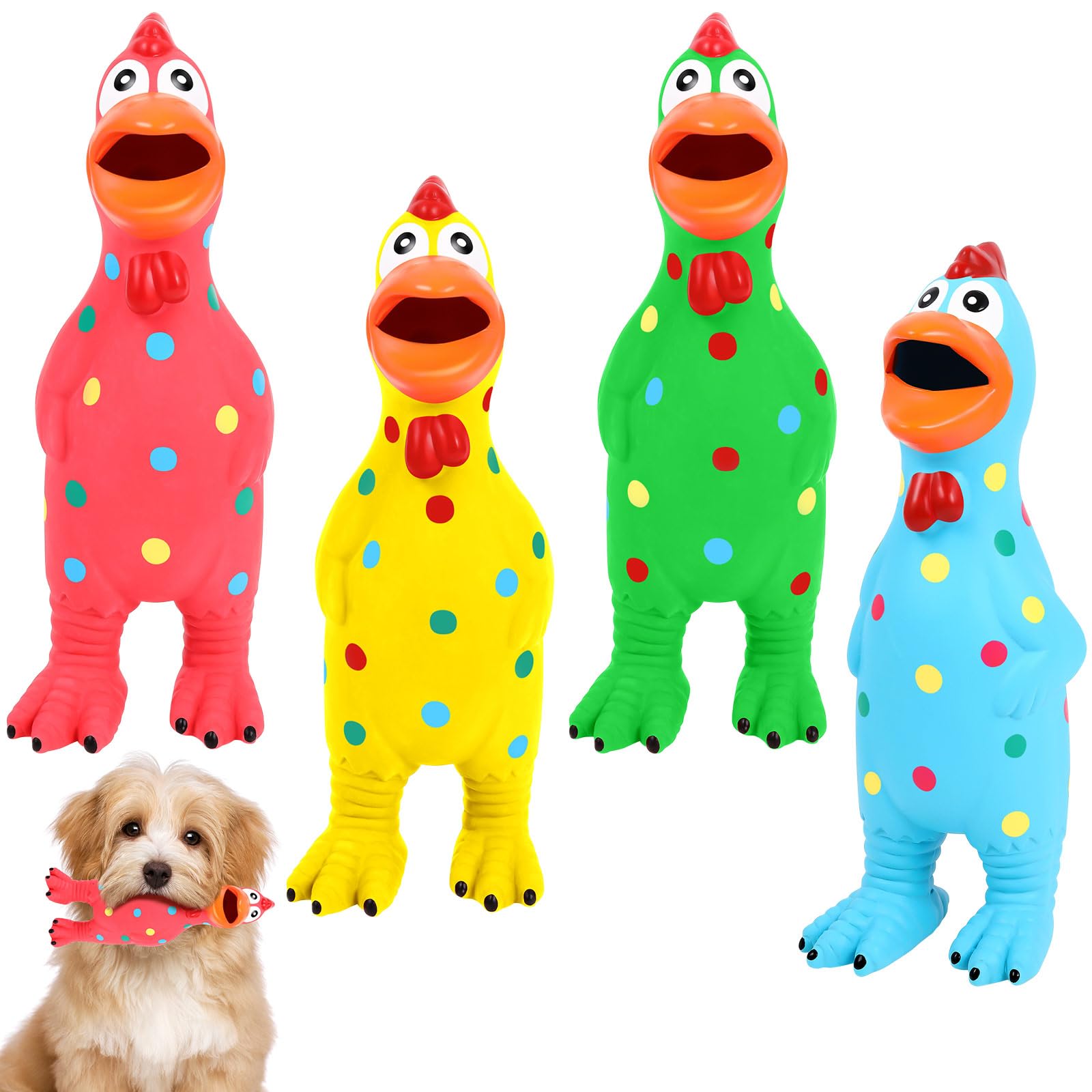 Lot de 4 jouets couineurs en latex pour chien en forme de poule agressifs, charmants et durables pour chiens de petite, moyenne et grande taille