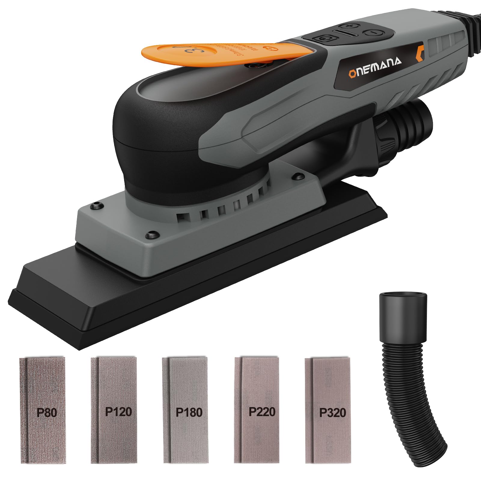 Ponceuse électrique sans balais 3.0 ONEMANA 350 W, vitesse réglable 4000-10000/tr/min, frein automatique 2s, surface de ponçage 198 x 70 mm, aspiration automatique de la poussière, 10 feuilles