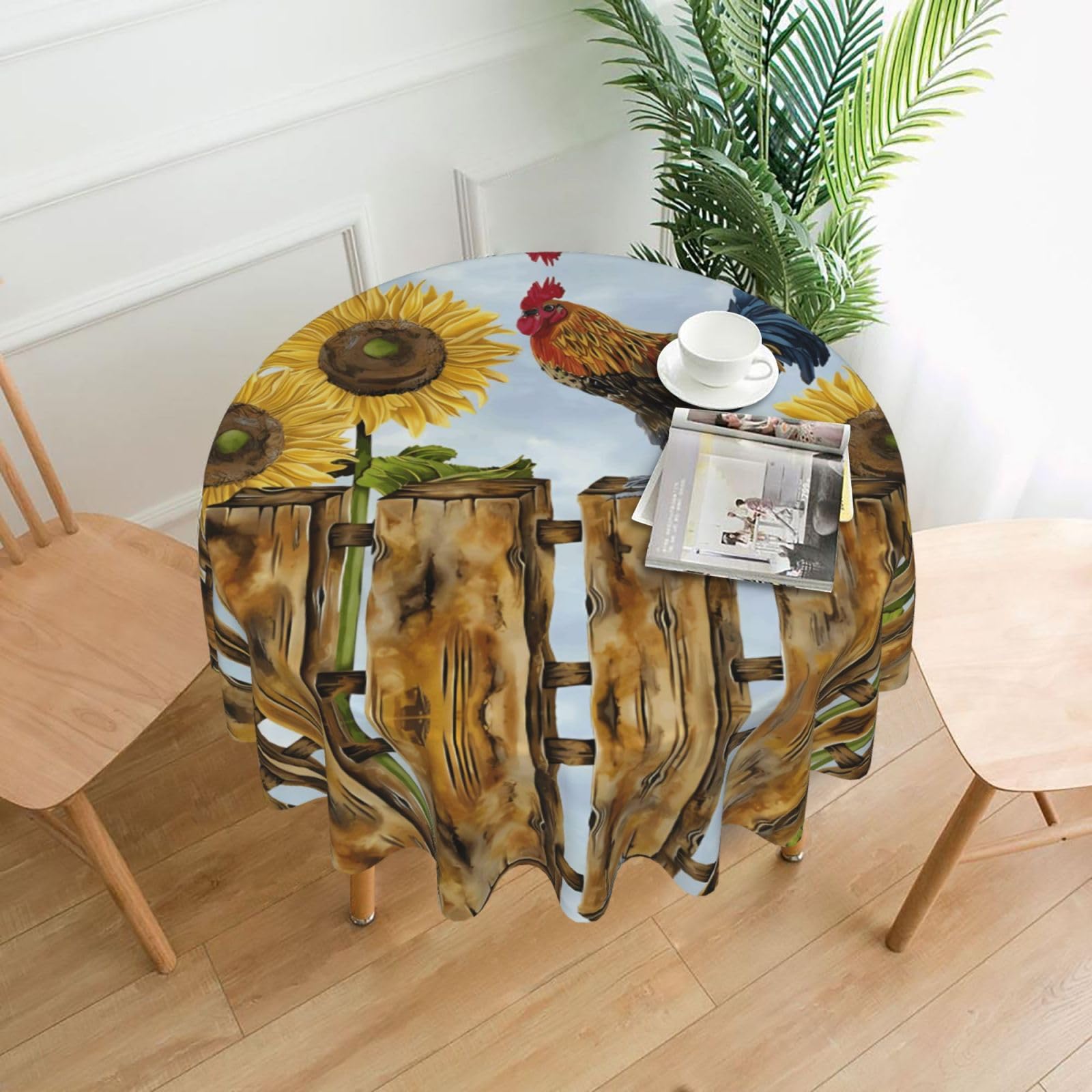 WHJSHOP Vintage Sunflower Rooster Prints Round Decorative Throw – 60in Stylish Table Cover for Dining, Parties & Outdoor Events