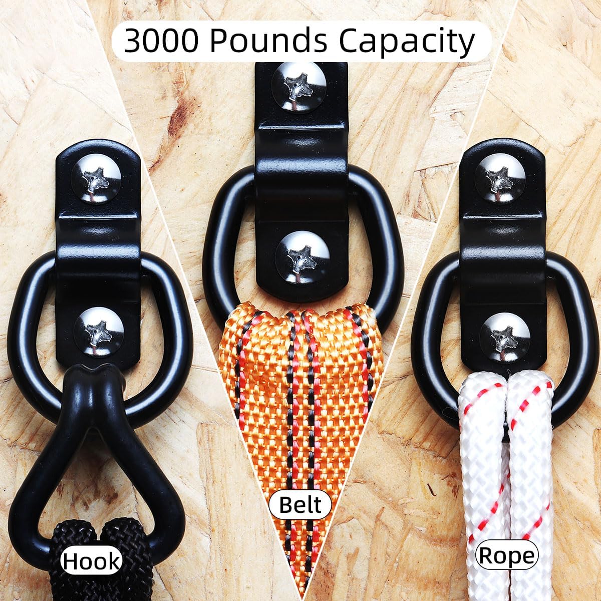 6 Pack D Rings Tie Down Anchors, 7mm Diameter Heavy Duty Steel Trailer Hooks for Truck, Pickup, Camper, Warehouse, Garage, Boat, Cargo Control Mount, 2 Hole D-Ring with Screws, Black