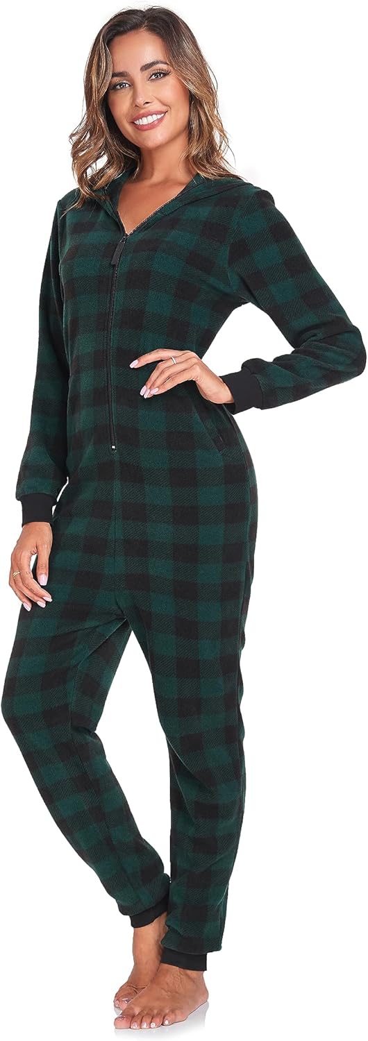 COLORFULLEAF Matching Couple Fleece Onesies with Hood - Plaid Christmas Pajama Set, Warm Zipper Jumpsuit Pjs for Women & Men - Image 3