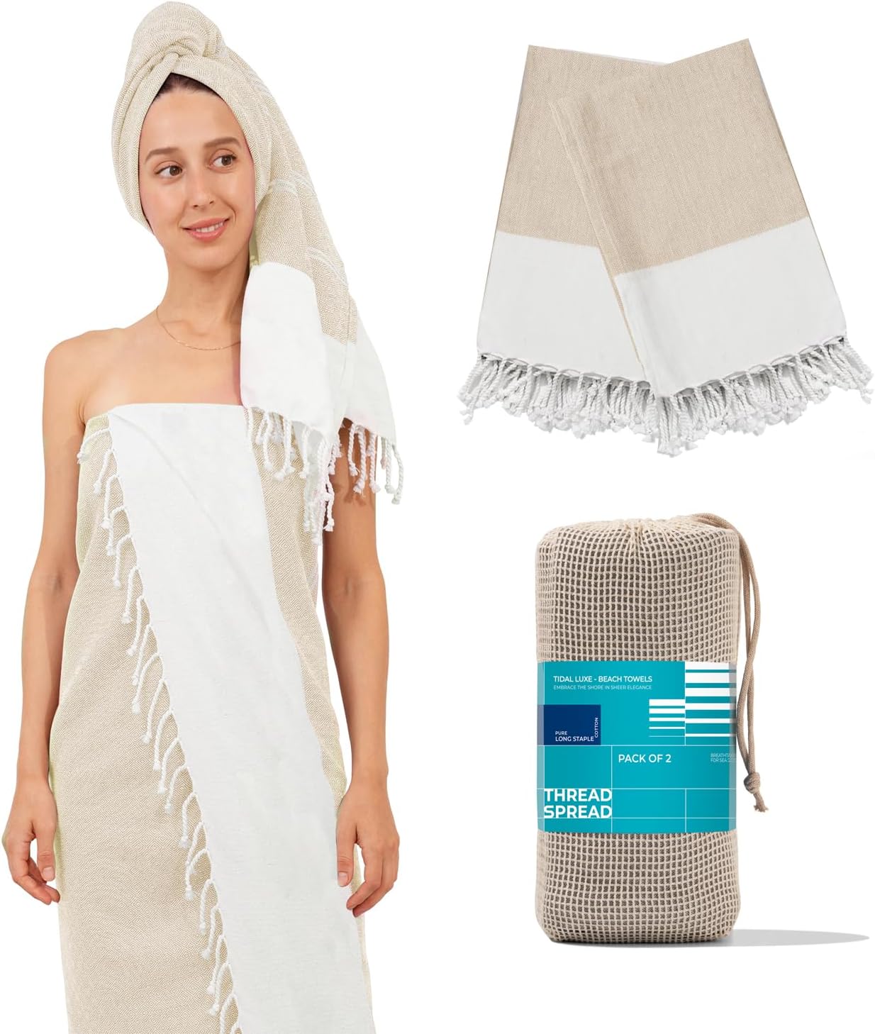 THREAD SPREAD Herringbone Turkish Beach Towels 2 Pack - 100% Cotton Quick Dry Lightweight & Absorbent, Extra Large Turkish Bath Towels for Travel, Sand Free Oversized Beach Towel (Beige, 39" x 71") 39" X 71" Herringbone Beige
