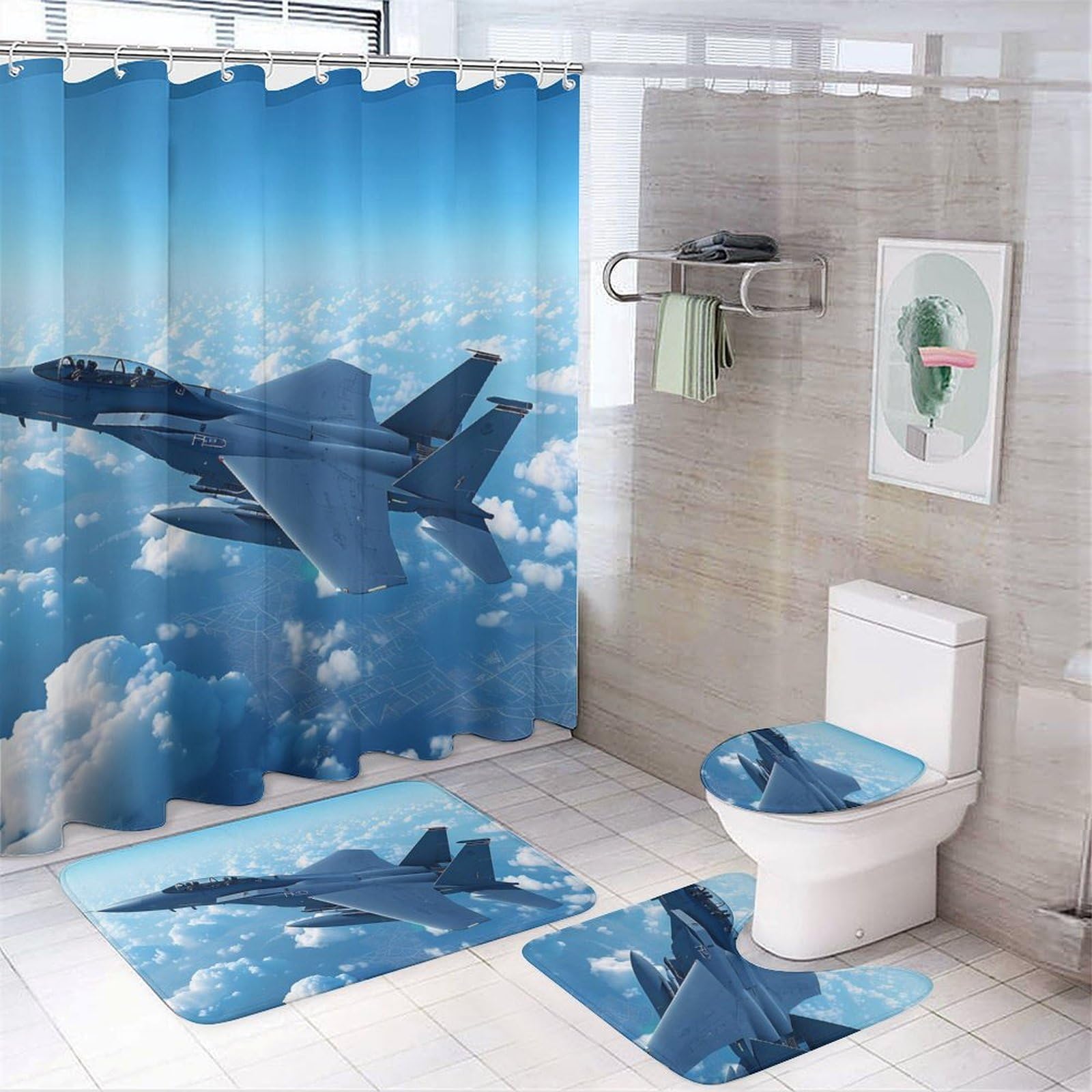 CGSBNGHA F-15 Eagle Jet Plane Shower Curtain Set 4 Piece Bathroom Sets with Rugs Toilet Lid Cover And U-Shaped Floor Mat