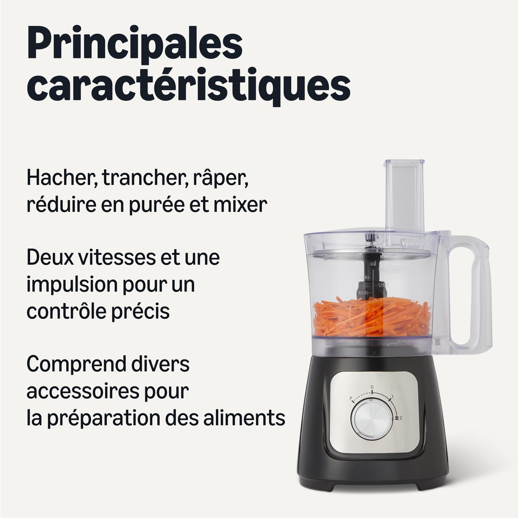 Amazon Basics Robot culinaire et fouet à 2 vitesses, bol de 2,4 litres et carafe de 1,5 litre, 800 W, noir