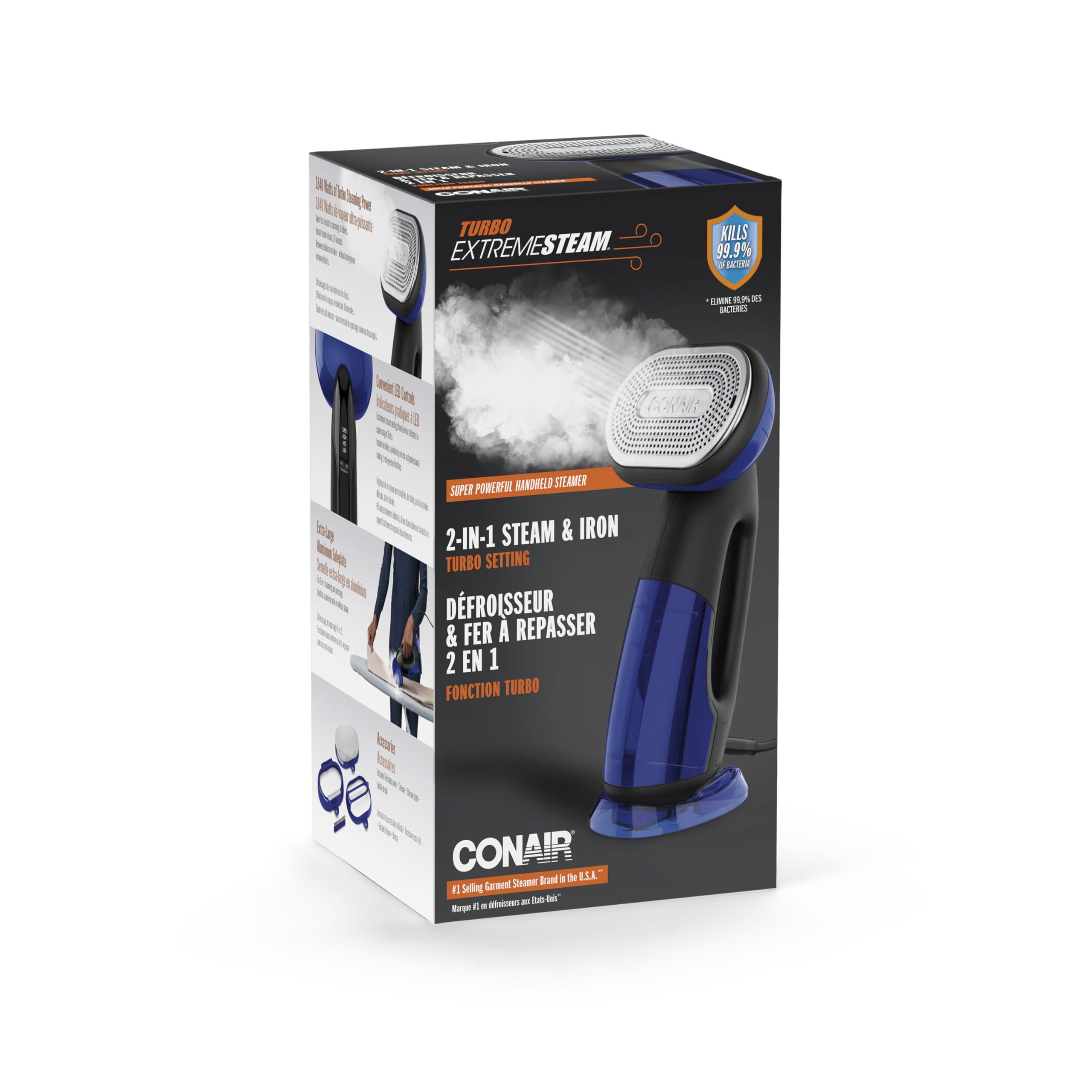 Conair GS108E Plancha de Vapor Vertical y Horizontal Steam & Iron Turbo 2 in 1, Vaporizador de Ropa, 1840 W, Elimina el 99,9% de las bacterías, Ideal para viajes y hogar