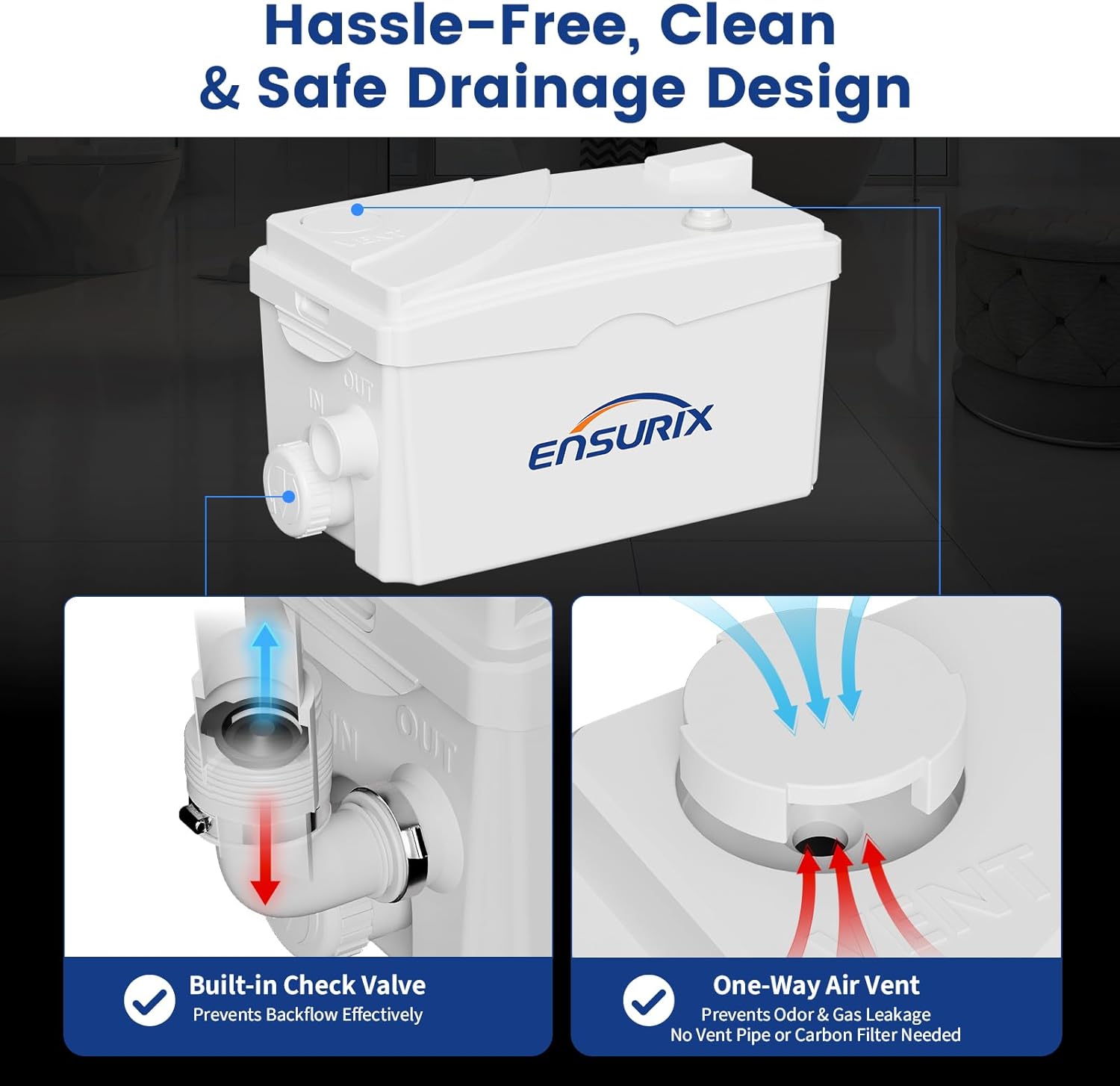 Utility Sink Pump, 1600 GPH Drain System 500 W Under-Basin Gray Water Unit for Laundry & Kitchen, 23 FT Lift Sink Pump with Check Valve & Odor Filter