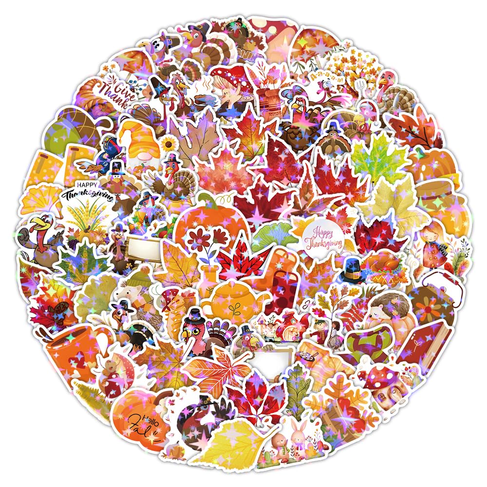 Thanksgiving Glitzer Aufkleber Kinder, 100 Stück Sticker Set, Wasserfest Stickers für Mädchen Jungen Koffer Skateboard Laptop Kühlschrank Fahrräder DIY Spielzeug Deko Thanksgiving Party