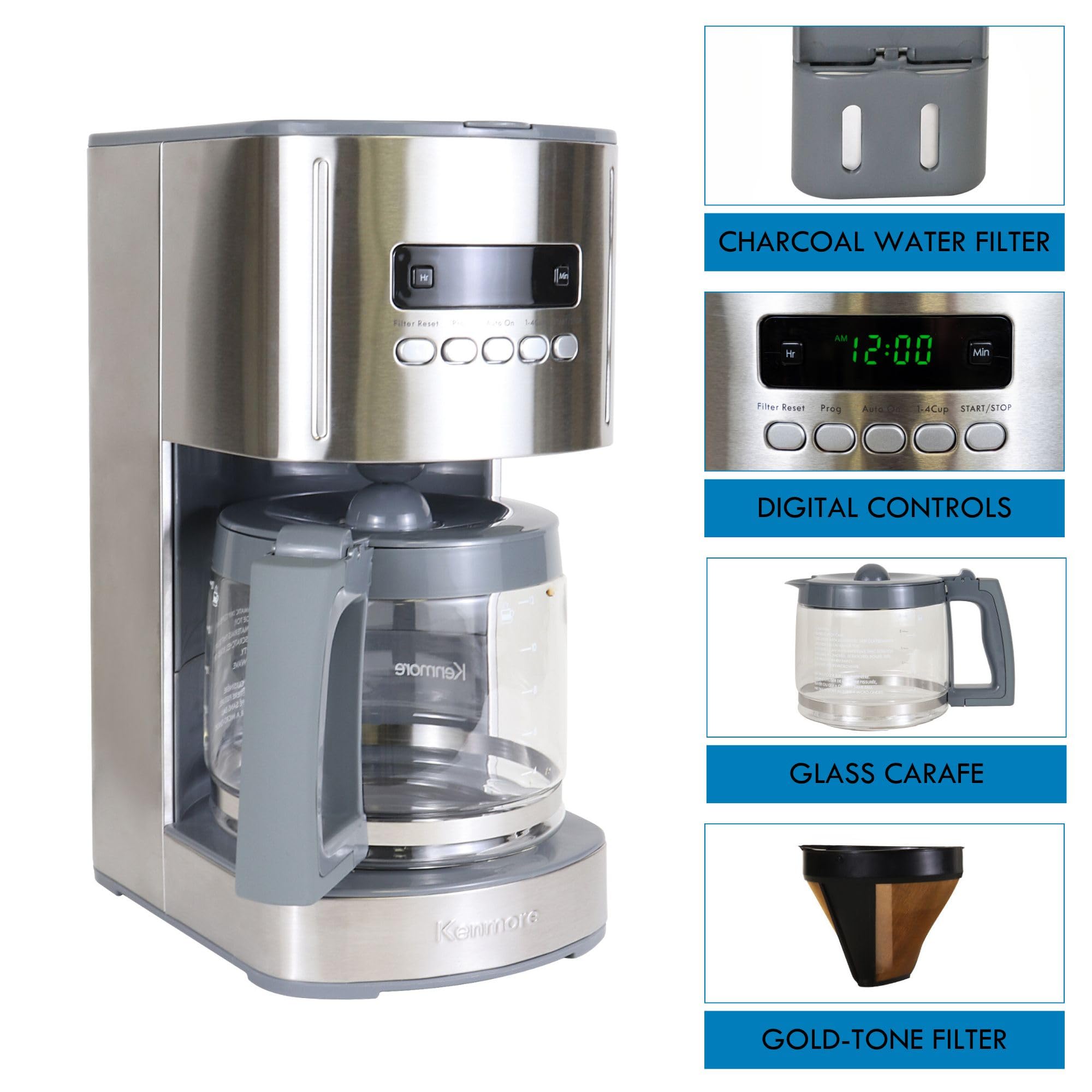 Koolatron Kenmore Elite Drip Coffee Maker - 12-Cup Programmable Coffee Machine With Glass Pot, Pause and Pour, Auto Shut-Off, Large Water Reservoir, Reusable Filter, Dishwasher Safe Carafe