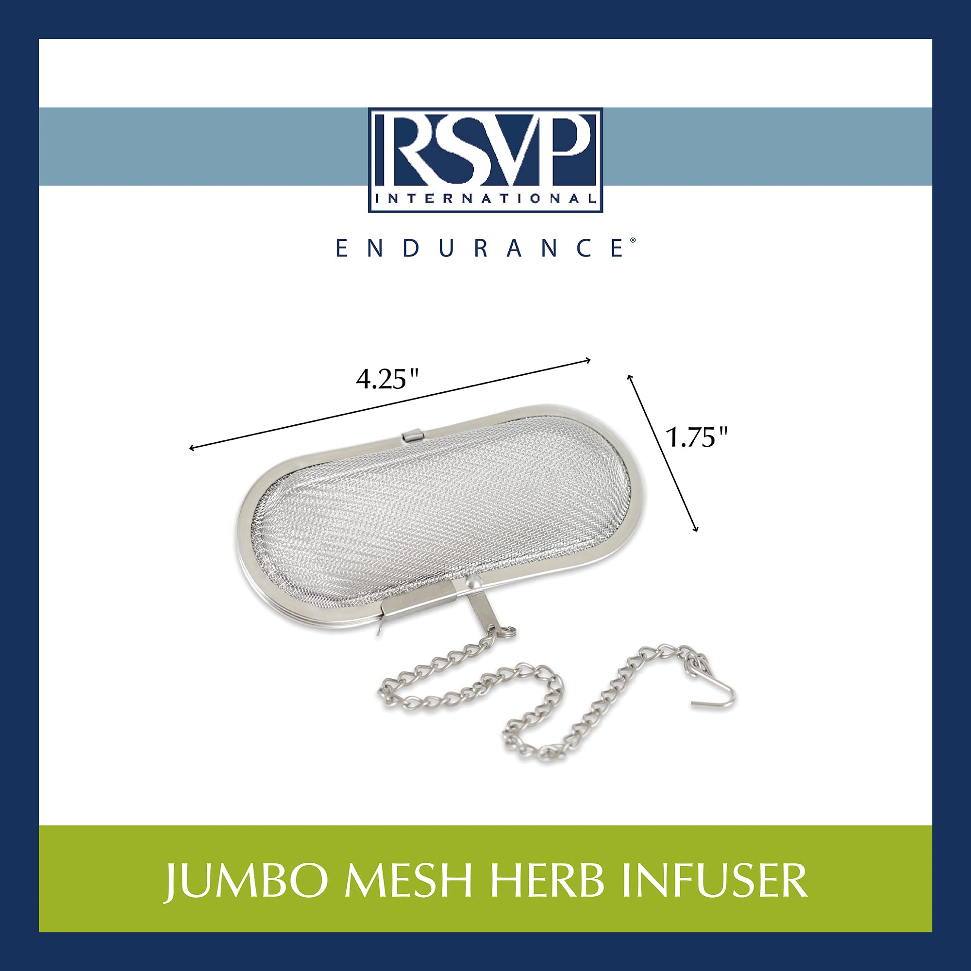 RSVP International Endurance Kitchen Collection Infuseur à épices flottant en maille d'acier inoxydable pour soupes, ragoûts ou grande théière Jumbo ovale, 10,4 x 5,1 cm