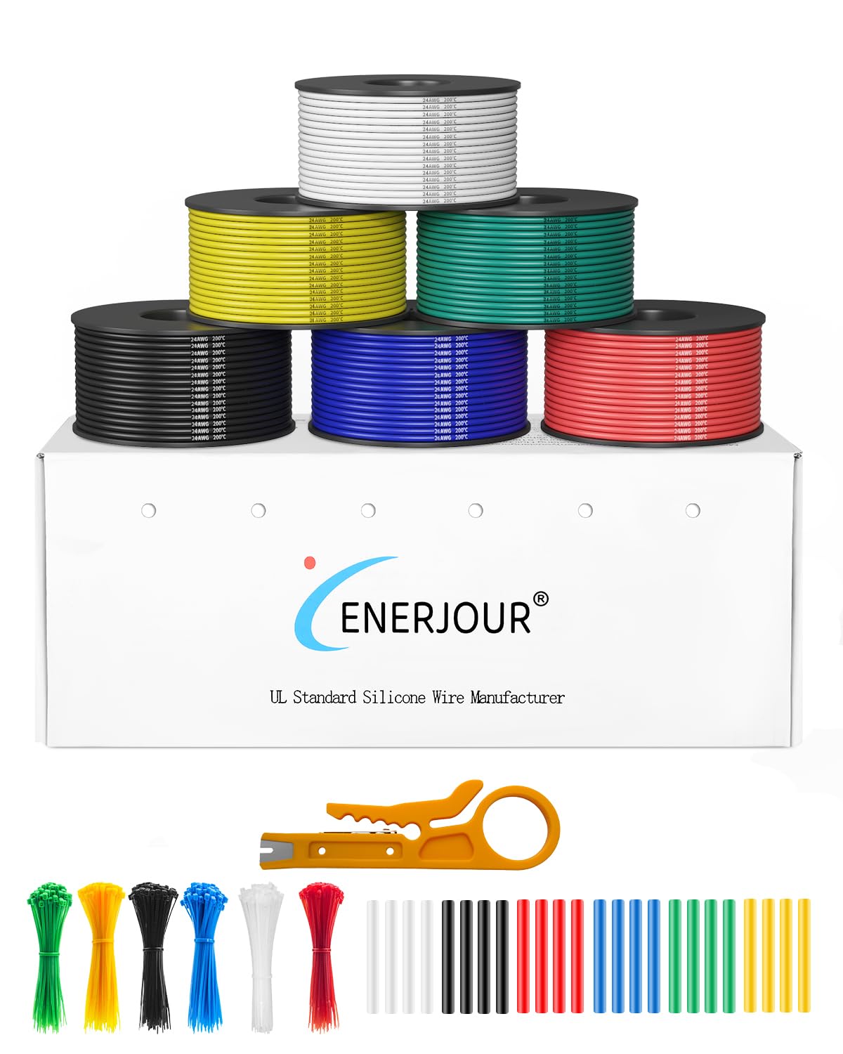 24 AWG 0.2 mm² Silicone Electrical Wires, 6 Colour Hook Up Kit 24 Gauge Stranded Tinned Copper Wire, 9 Metre Wire Spool Per Roll for 12V, 24V, DIY, Automotive, Battery, Lighting CE Listed
