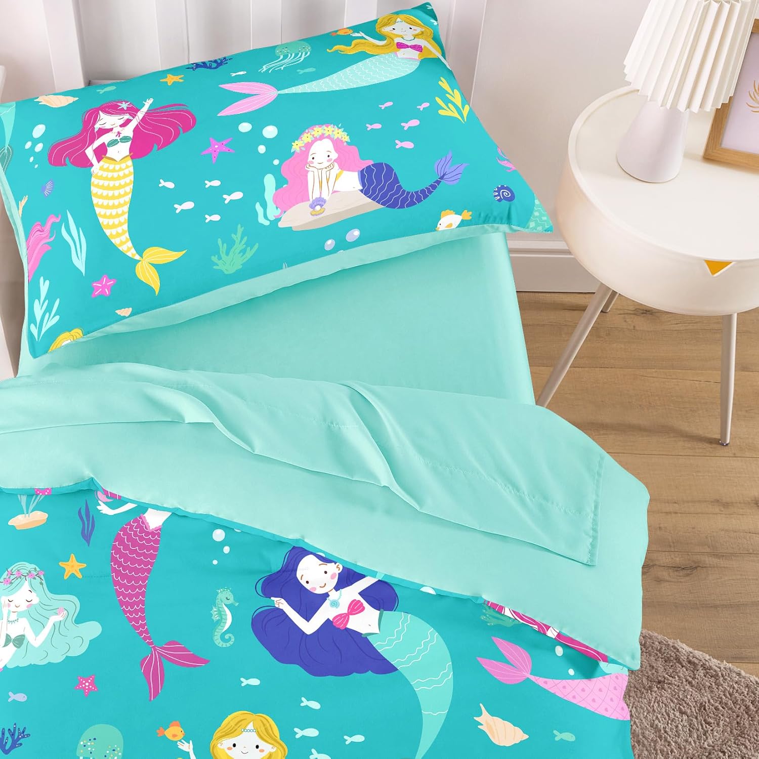 Wake In Cloud - Toddler Bedding Set for Girls, Mermaid Ocean Sea Animal, 4 Pieces Soft Crib Bed Set Including Comforter, Sheets and Pillowcase, Aqua Blue