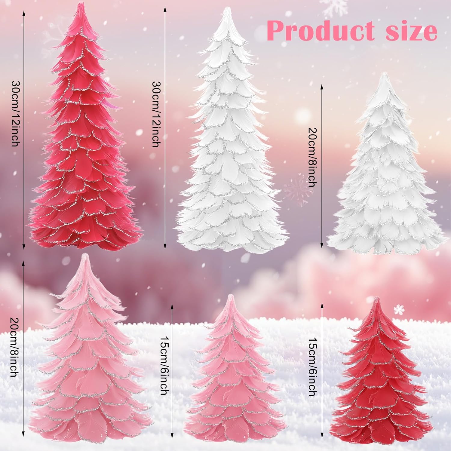 6 Pcs Christmas Feather Tree with Glitter Tips Tabletop Feather Xmas Tree Centerpieces Table Desk Christmas Decorations for Home Winter Wedding Party, 6", 8", 12"(Pink,Silver) - Image 2