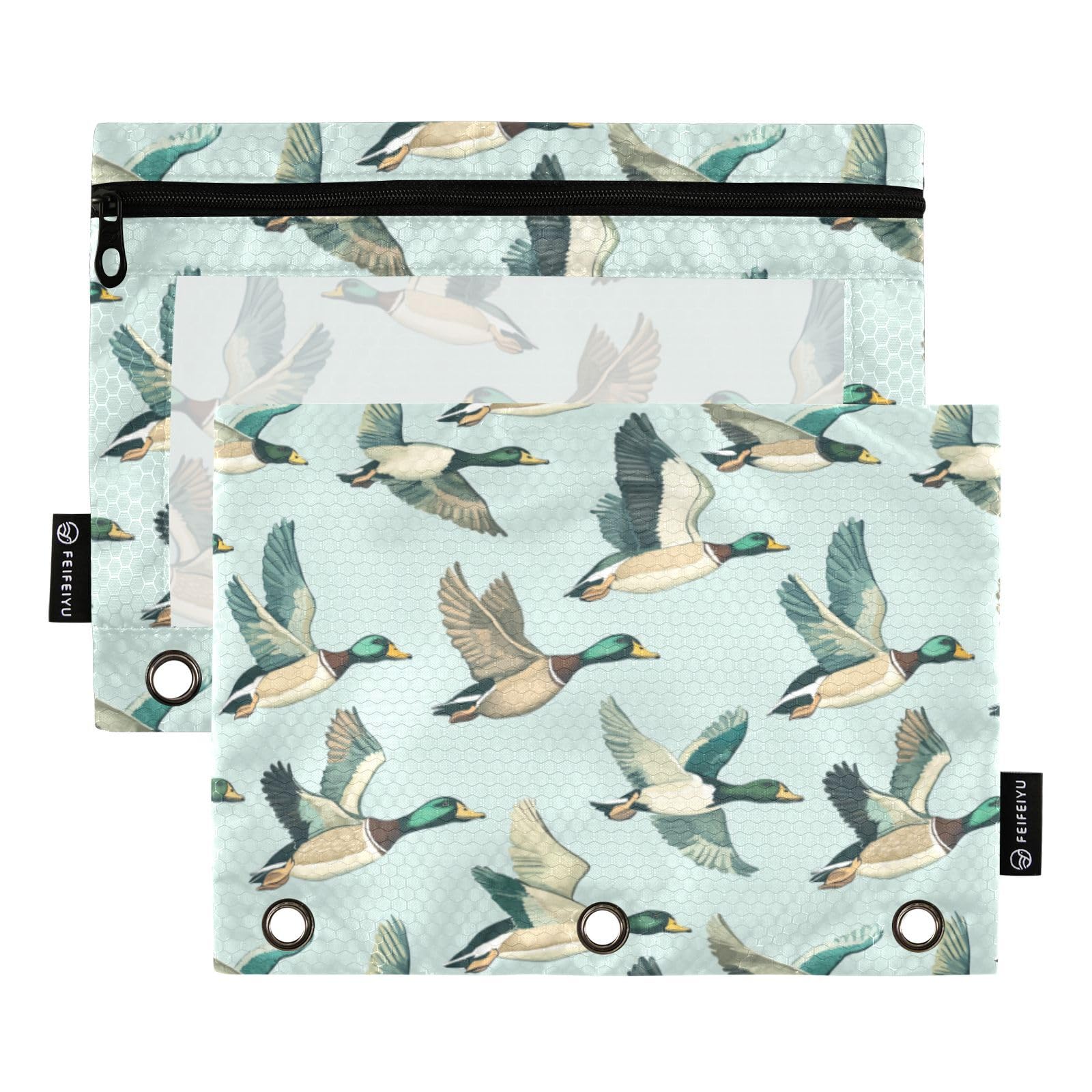 Wusikd Mallard Flying Sky Pencil Pouch for 3 Ring Binder 2 PCS Duck Binder Pouch with Zipper Clear Pencil Bag for Office College School Supplies