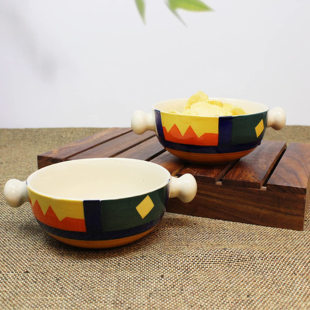 The Artisan Emporium Ceramic Hand-Painted Boho Fiesta Snack Bowls-Set of 2 Bowls with Handles 300 ml (Microwave Safe) TAE00078