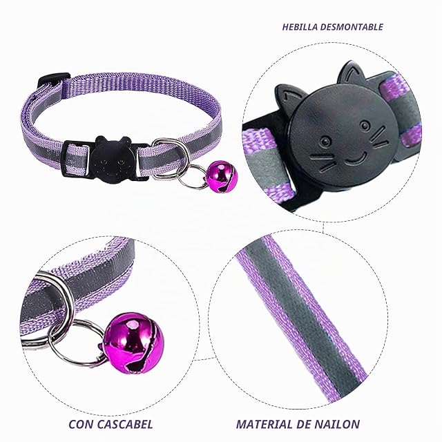 Foto 3 de 6 de Collar de campana de gato morado, collar de gato ajustable, collar para gato con campana