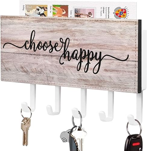 Choose Happy - Soporte para llaves de pared, estante para llaves con palabras y letras, autoadhesivo, organizador rústico para decoración del hogar,