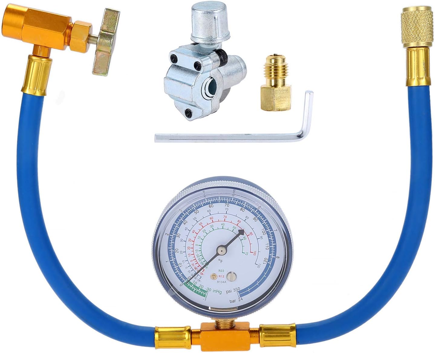 R134A AC Recharge Hose with Gauge and BPV31 Tap Valve Kit, 1/4" to Adapter, R134a Can Tap, SAE Hose for R12 R22 Port, Air Conditioning Refrigerant System