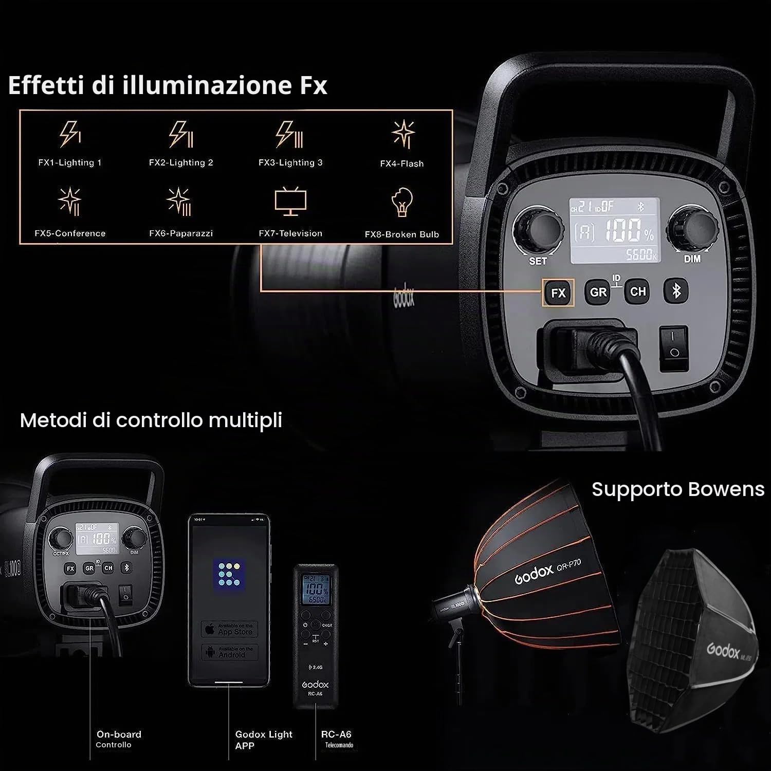 Godox SL60IID Luce video LED,70W 5600K CRI 96 TLCI 97 LED Studio Light with Bowens Stand,8 FX Effetto di Luce Illuminazione di Uscita Continua per Fotografia,Registrazione video (Luce bianca)