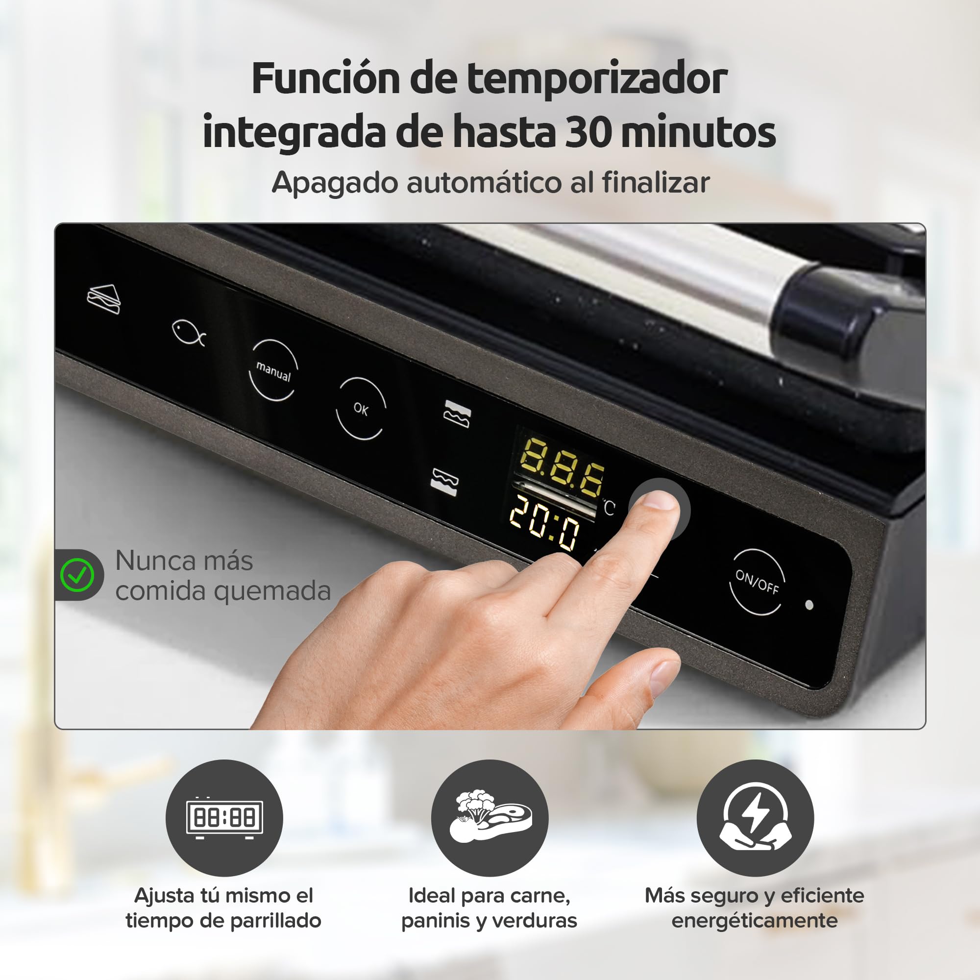 Olvy Parrilla de Contacto con Pantalla Táctil - Sin PFAS - 7 Programas Automáticos - Apertura 180° 1800W - Placas Antiadherentes - Termostato & Temporizador - Sandwichera & Grill para Paninis de Ace