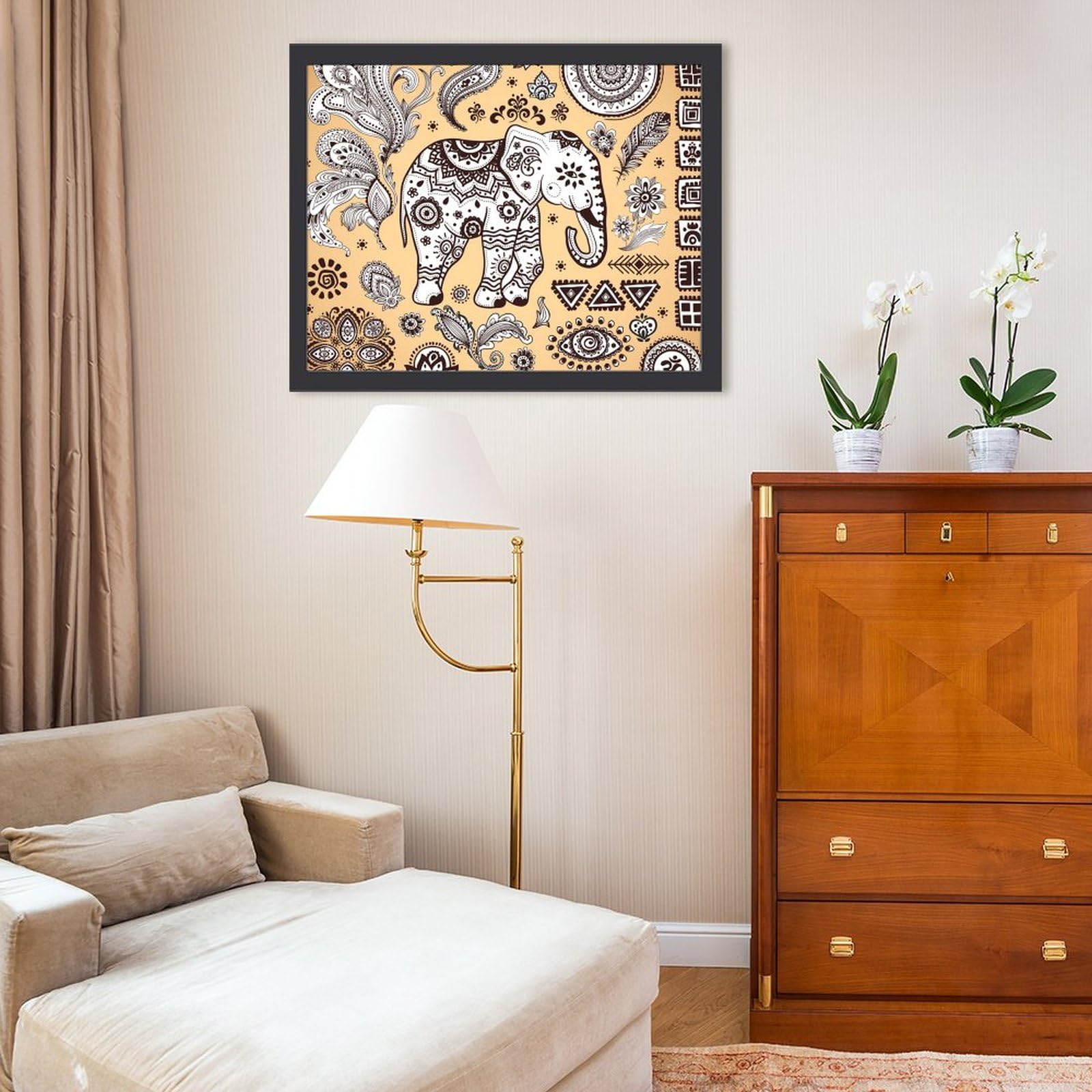 Amazon.co.jp: アートパネル 象 エスニック柄 民族調 木枠壁画