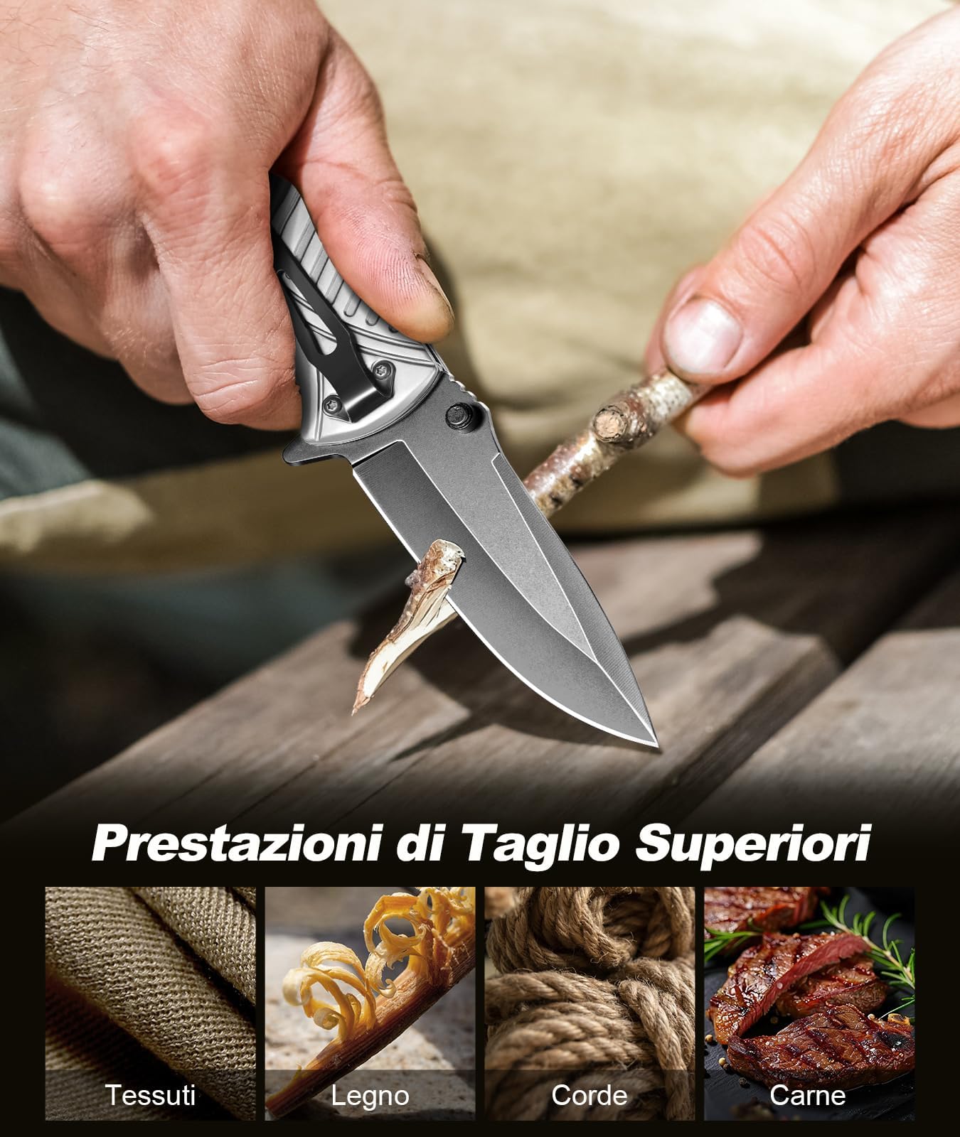 ISEYOU Coltello da Caccia, Lama in Acciaio Inossidabile 3Cr13 con Rivestimento in Titanio, Portatile Clip per Tasca, Multifunzione - Regalo Perfetto