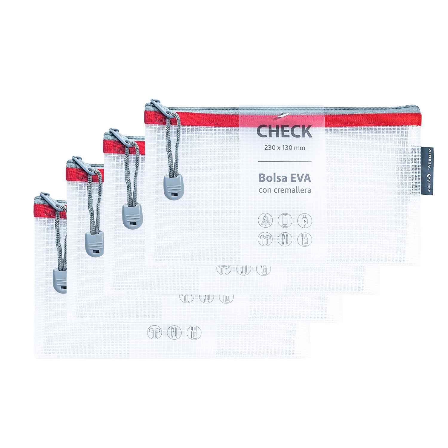 Grafoplas Pack of 4 Zip Bags EVA Check | Made with Transparent EVA Rubber | Red Zip | Ideal for Transporting and Protecting All Kinds of Small Items, Checks or Vouchers